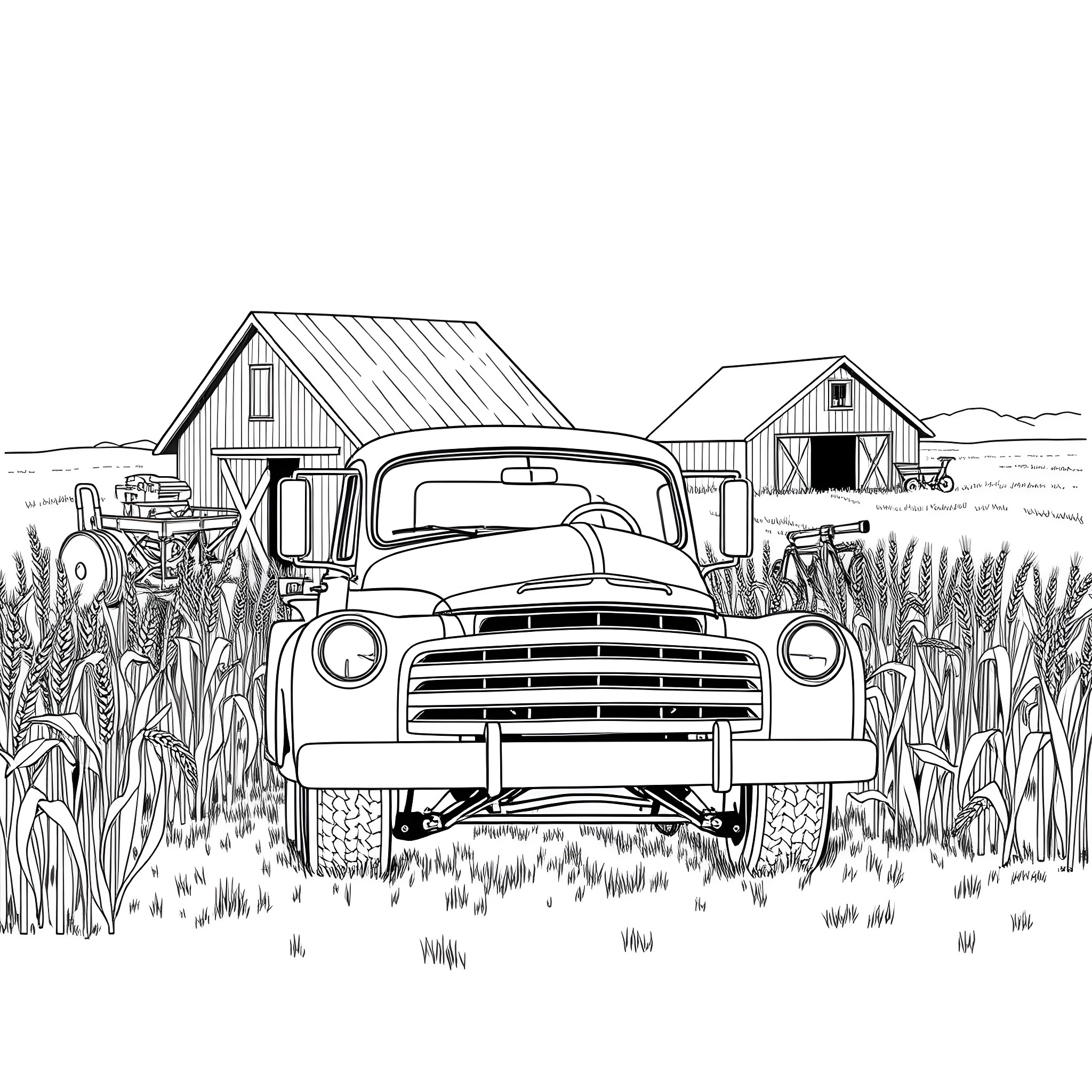 Pickup truck in the countryside Coloring Page (free black-and-white line drawing printable PDF for all, from beginners to advanced learners, including children, teens, adults, and seniors)