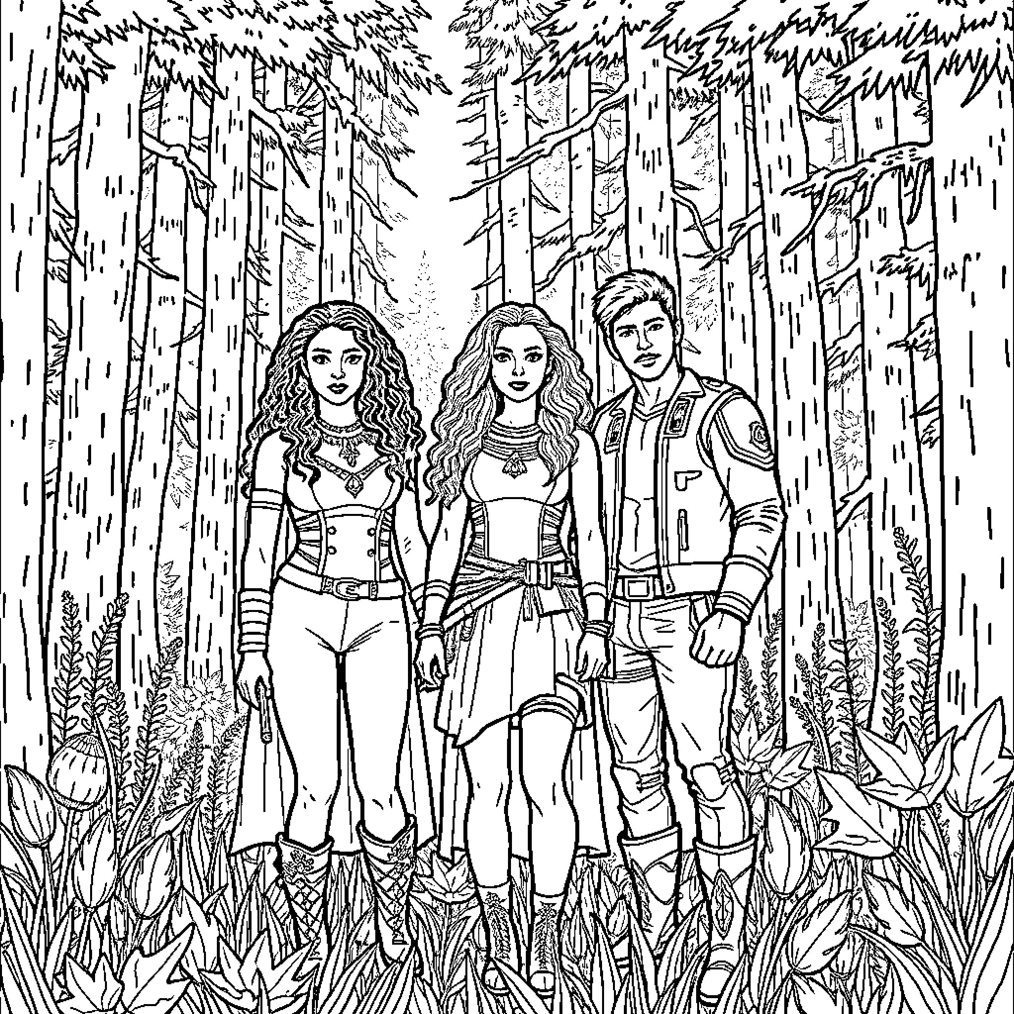 The 100 characters standing together in a forest Coloring Page (free black-and-white line drawing printable PDF for all, from beginners to advanced learners, including children, teens, adults, and seniors)