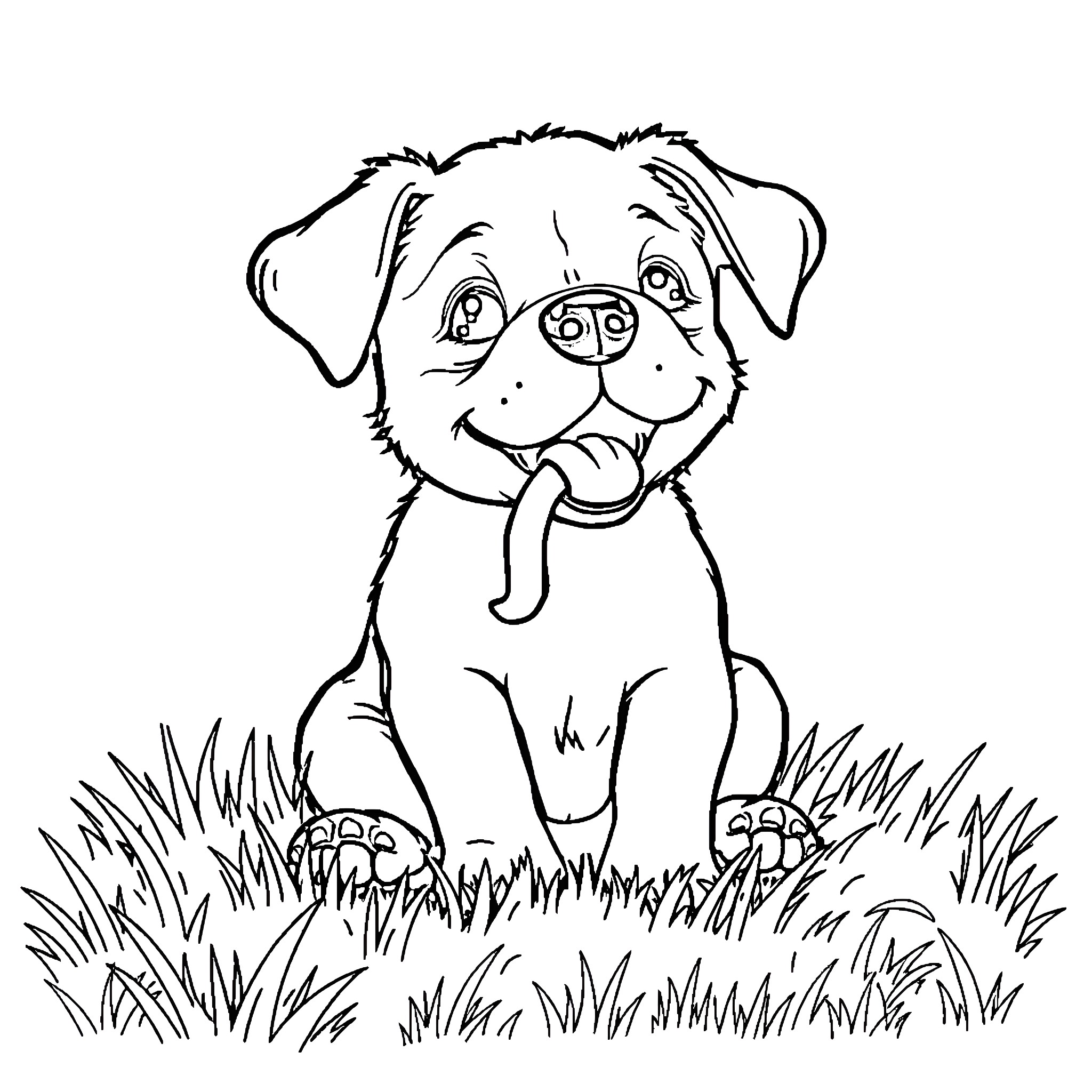 Dog playing happily in the grass Coloring Page (free black-and-white line drawing printable PDF for all, from beginners to advanced learners, including children, teens, adults, and seniors)
