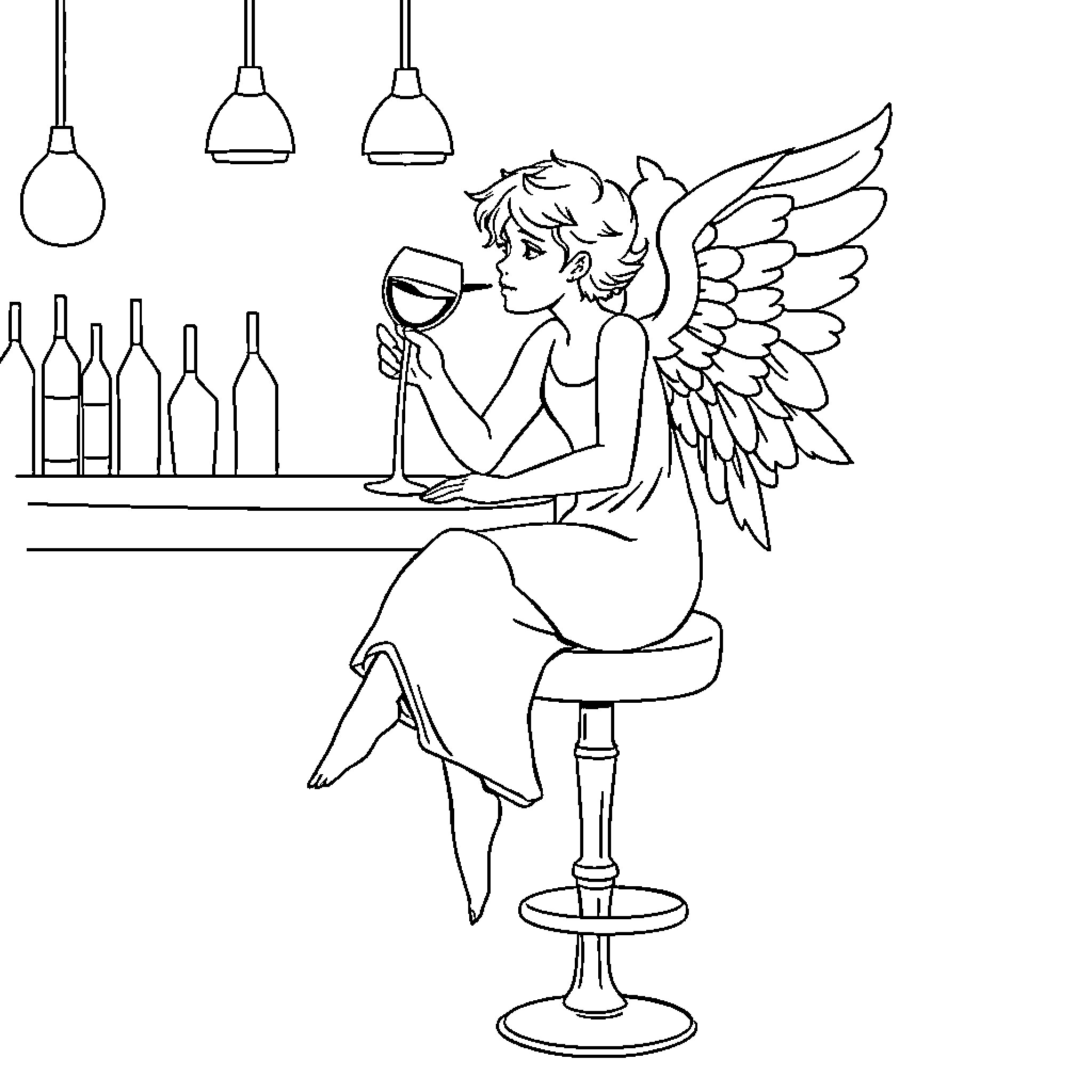 Angel Relaxing with Drink at Bar Counter Coloring Page (free black-and-white line drawing printable PDF for all, from beginners to advanced learners, including children, teens, adults, and seniors)