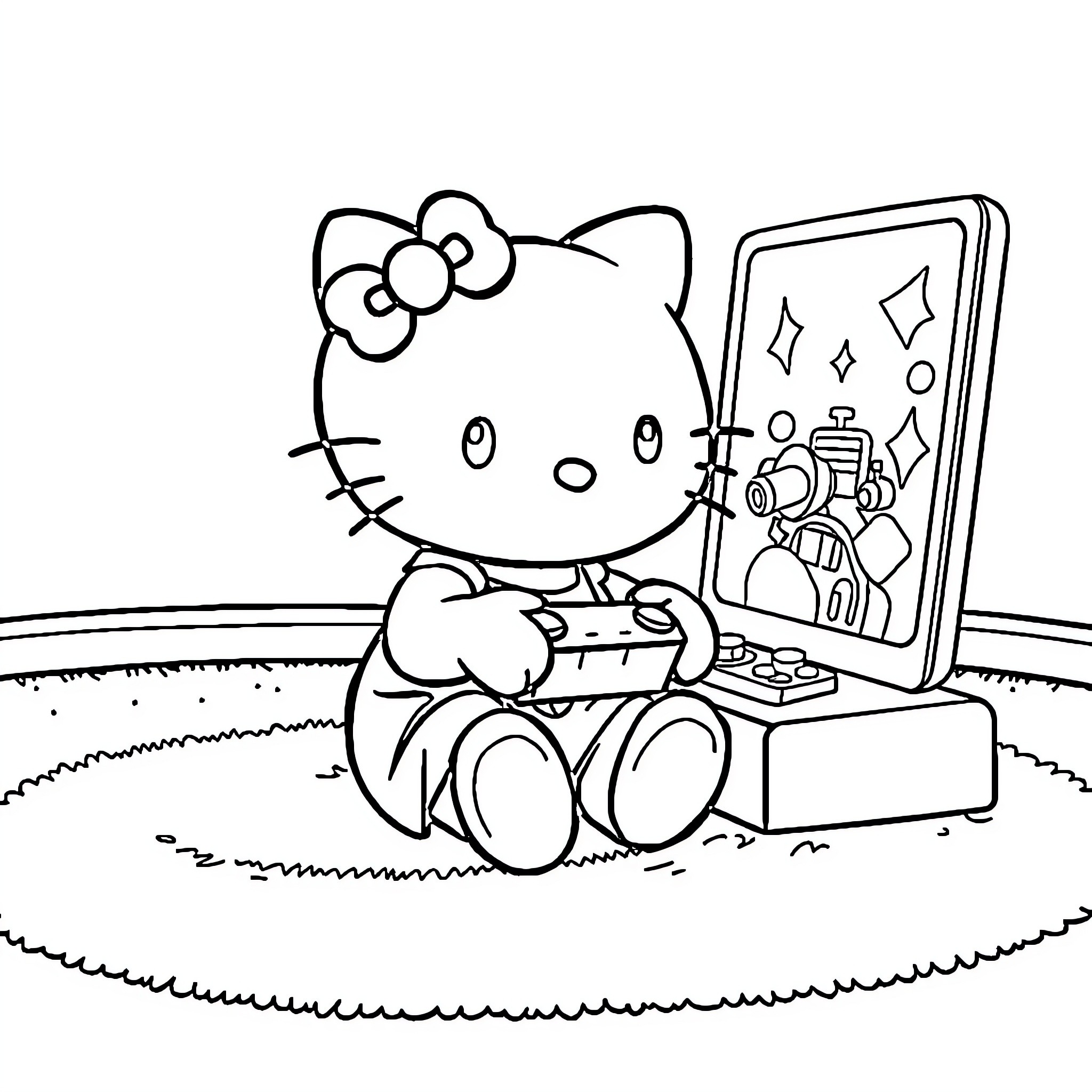 Hello Kitty playing with electronic devices Coloring Page (free black-and-white line drawing printable PDF for all, from beginners to advanced learners, including children, teens, adults, and seniors)