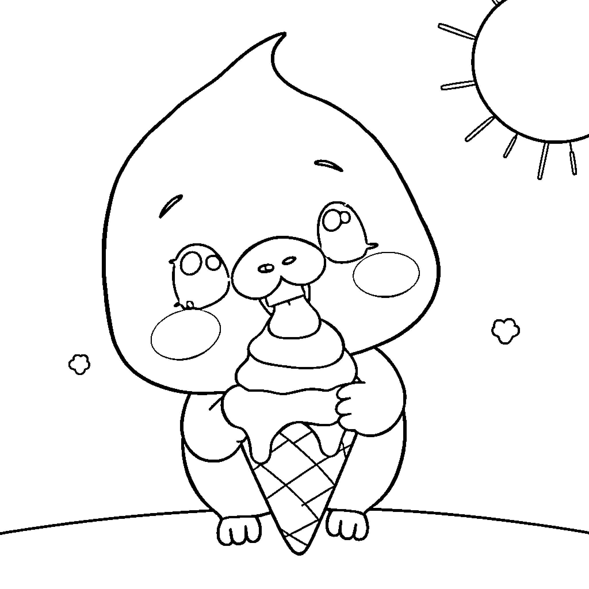 Labubu enjoying a refreshing ice cream cone Coloring Page (free black-and-white line drawing printable PDF for all, from beginners to advanced learners, including children, teens, adults, and seniors)