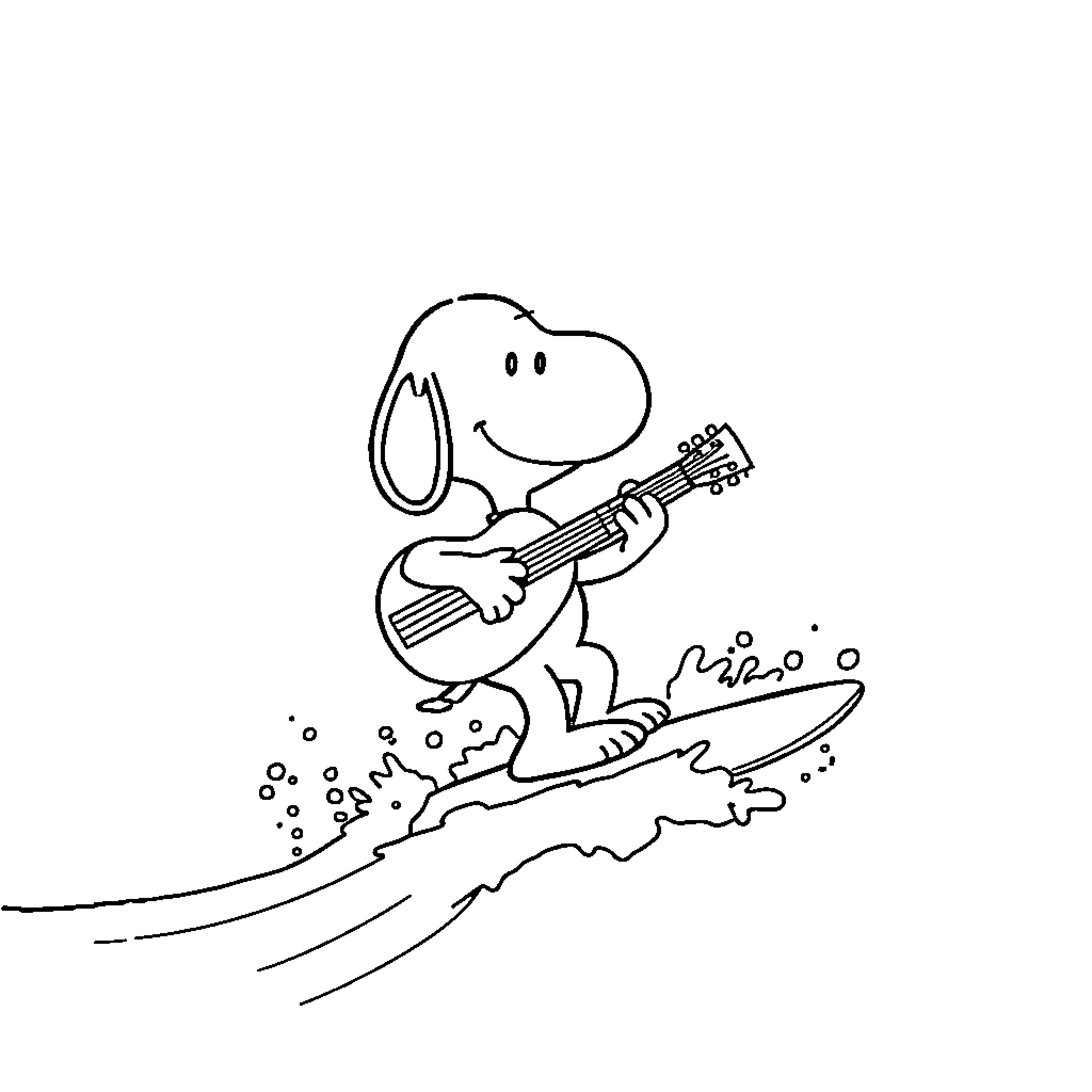 Snoopy playing guitar and surfing Coloring Page (free black-and-white line drawing printable PDF for all, from beginners to advanced learners, including children, teens, adults, and seniors)