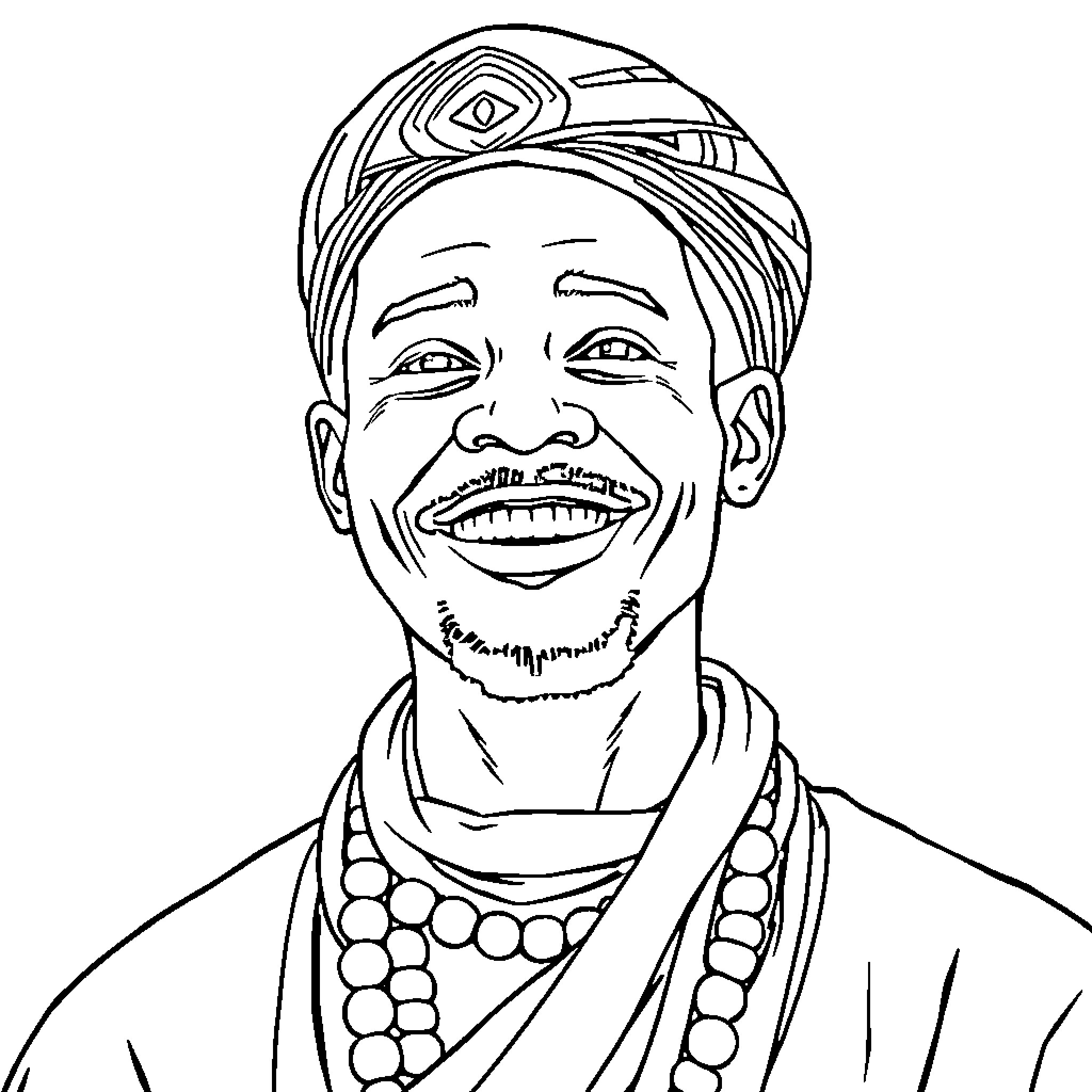 African Man Smiling Brightly in Traditional Attire Coloring Page (free black-and-white line drawing printable PDF for all, from beginners to advanced learners, including children, teens, adults, and seniors)