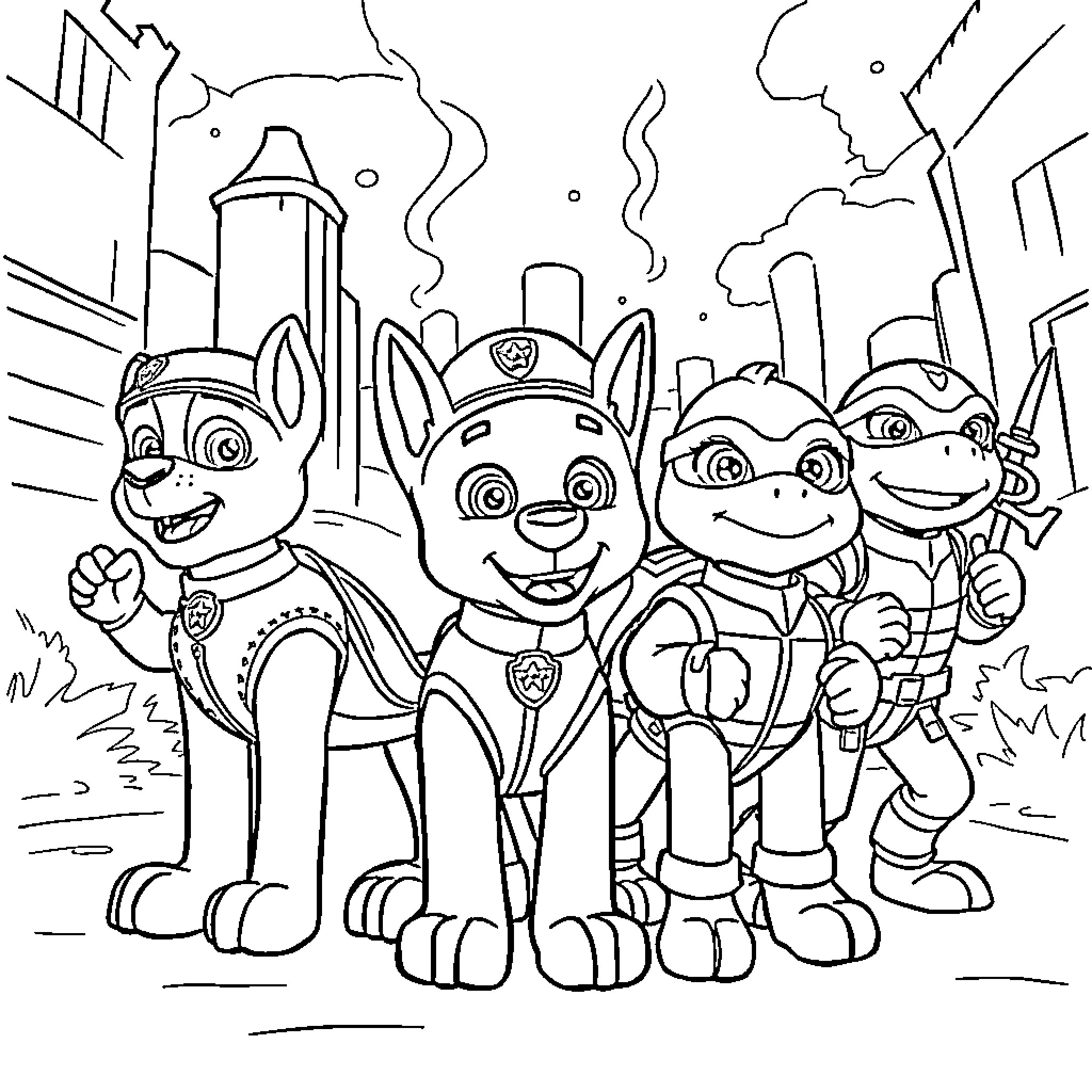 Paw Patrol characters on a city adventure Coloring Page (free black-and-white line drawing printable PDF for all, from beginners to advanced learners, including children, teens, adults, and seniors)