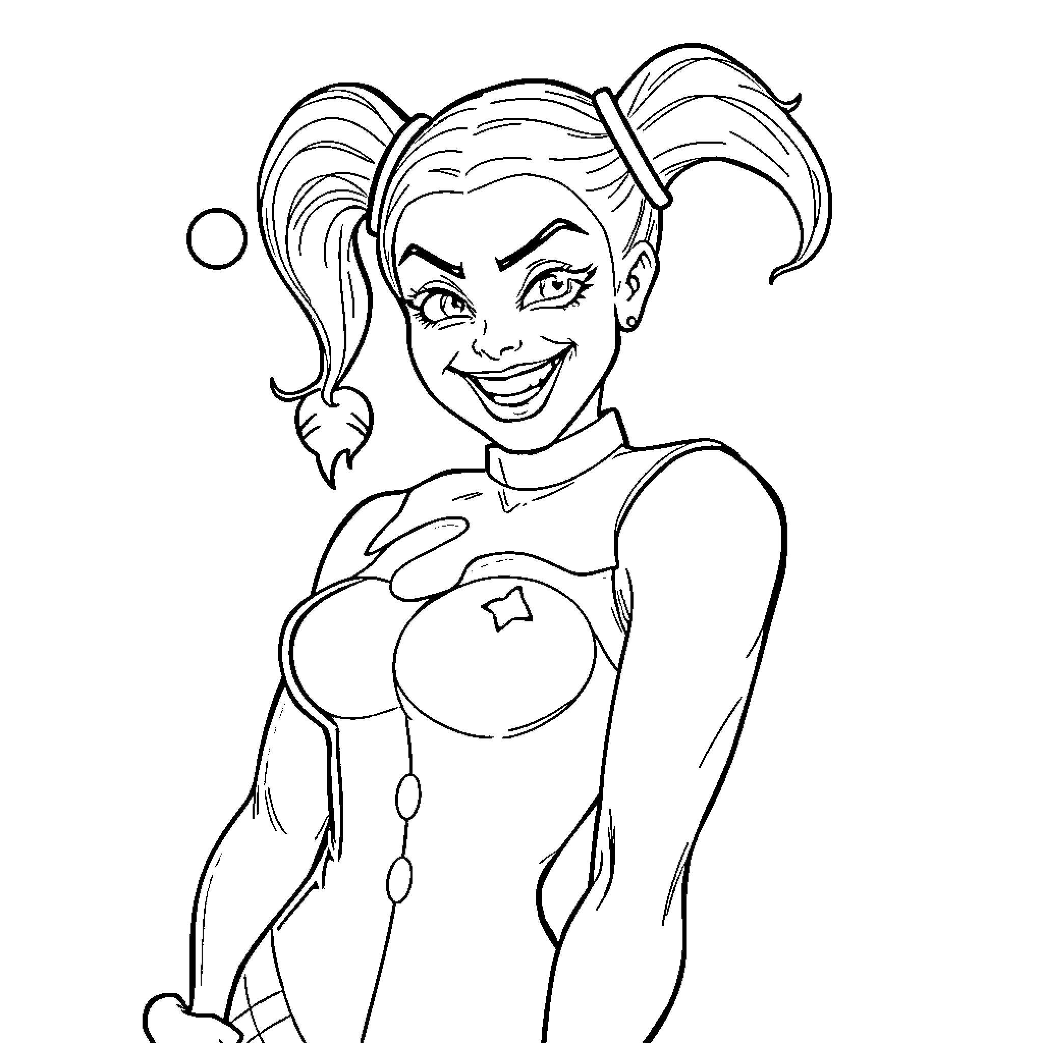 Harley Quinn's Mischievous Expression Coloring Page (free black-and-white line drawing printable PDF for all, from beginners to advanced learners, including children, teens, adults, and seniors)