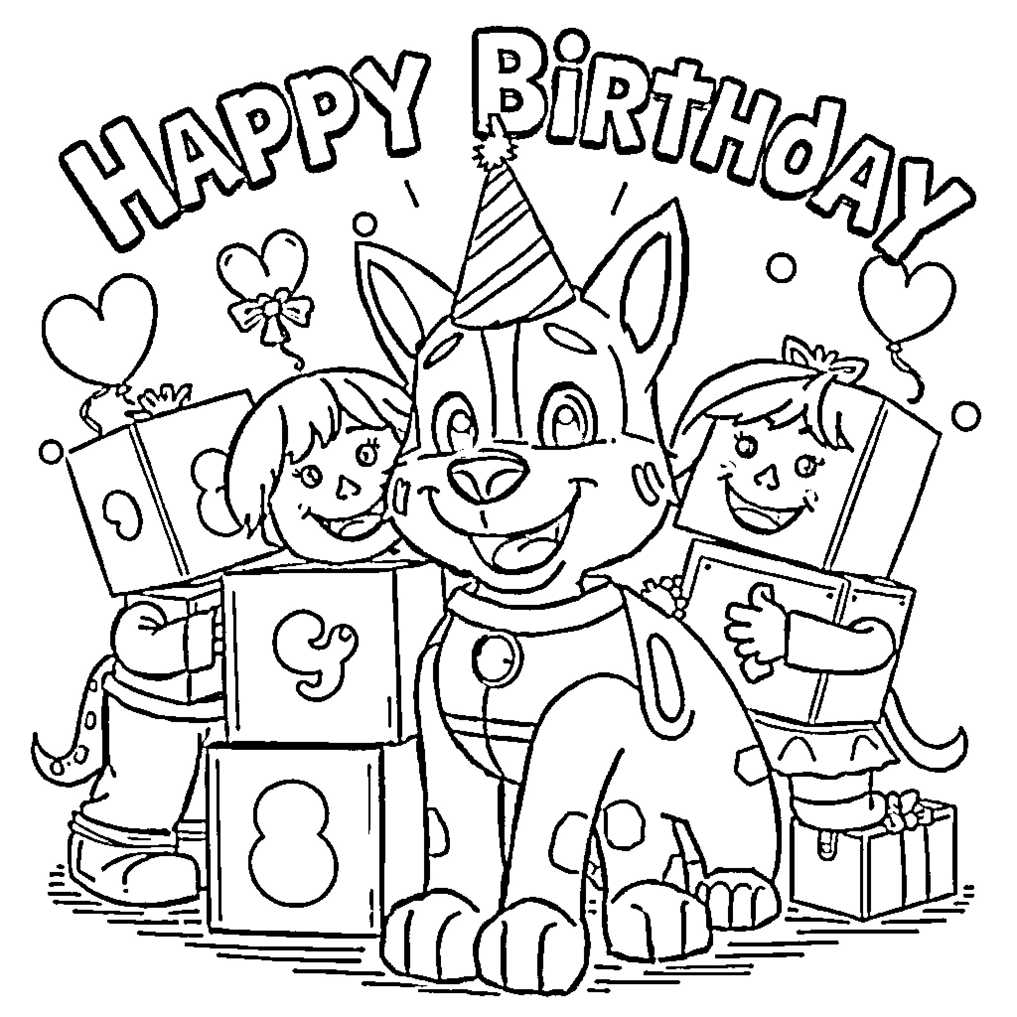 Number Blocks Celebrating a Joyful Birthday Party Coloring Page (free black-and-white line drawing printable PDF for all, from beginners to advanced learners, including children, teens, adults, and seniors)