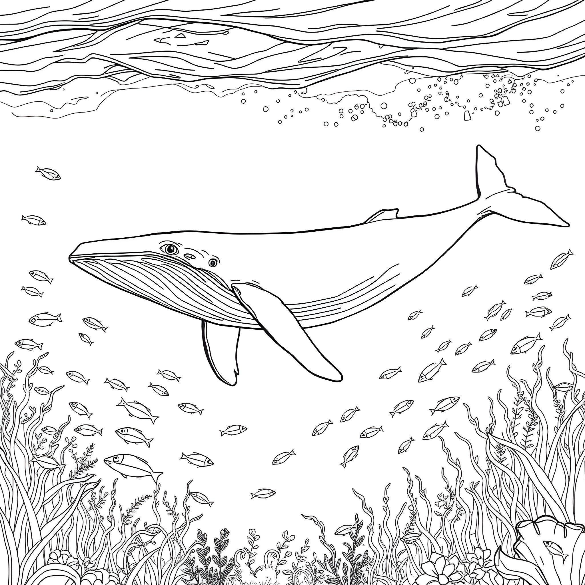 Blue Whale Swimming Gracefully in the Ocean Coloring Page (free black-and-white line drawing printable PDF for all, from beginners to advanced learners, including children, teens, adults, and seniors)