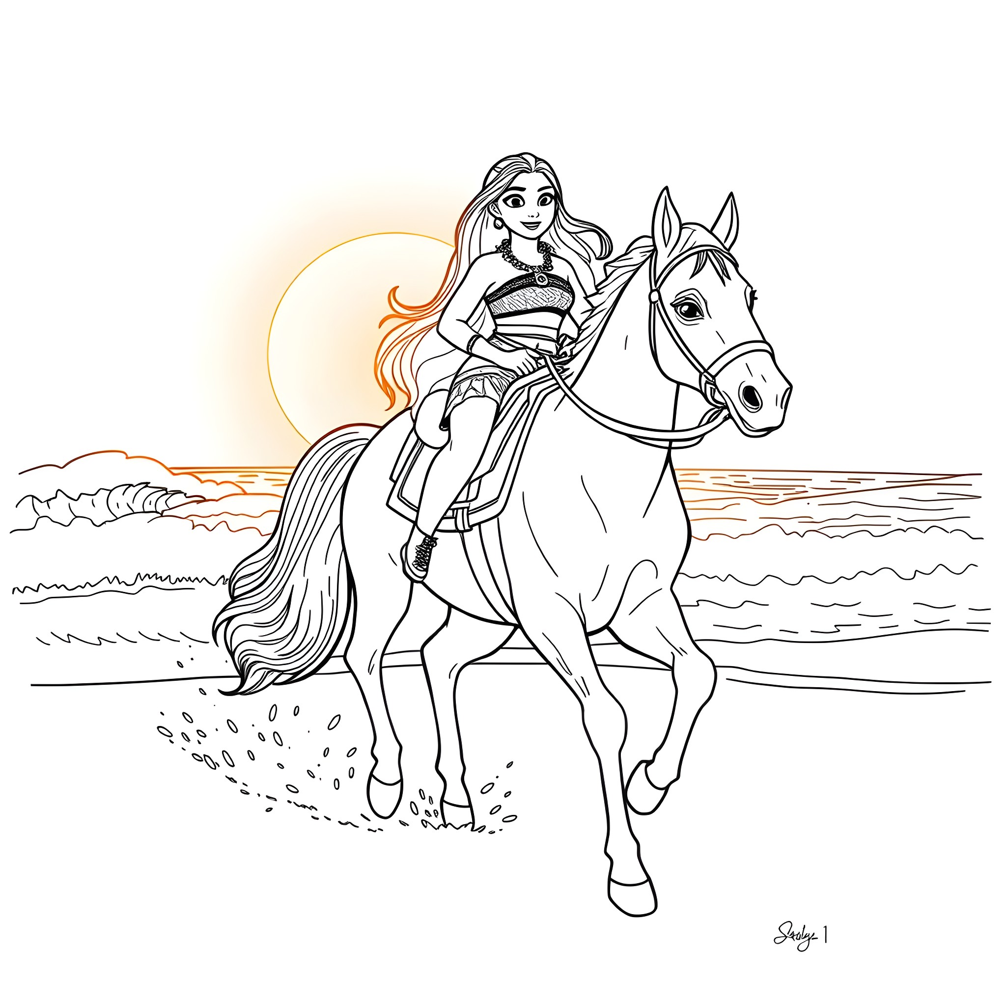 Moana riding a horse on the beach Coloring Page (free black-and-white line drawing printable PDF for all, from beginners to advanced learners, including children, teens, adults, and seniors)