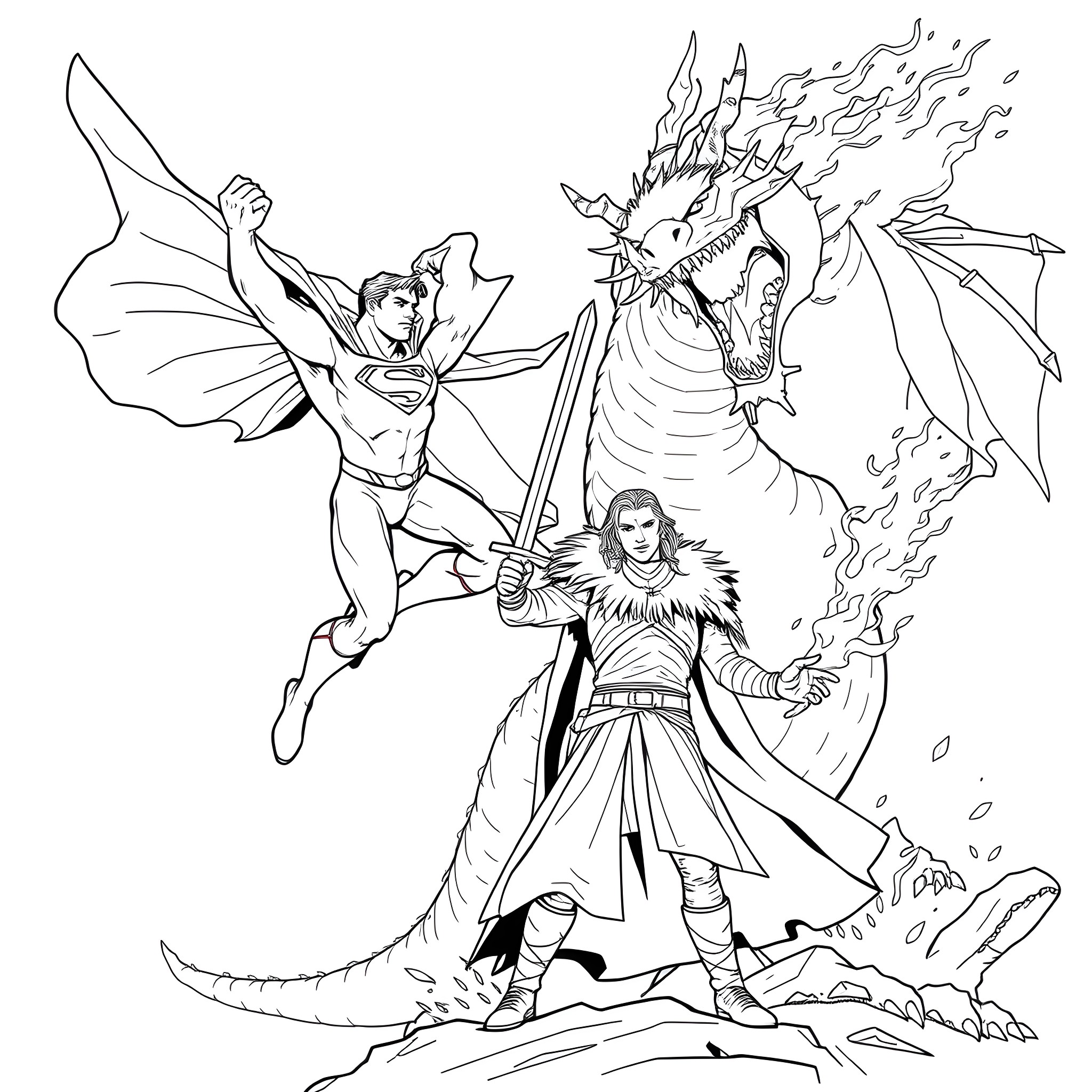 Dragon-Slaying Hero Battles Fearsome Fiery Beast Coloring Page (free black-and-white line drawing printable PDF for all, from beginners to advanced learners, including children, teens, adults, and seniors)