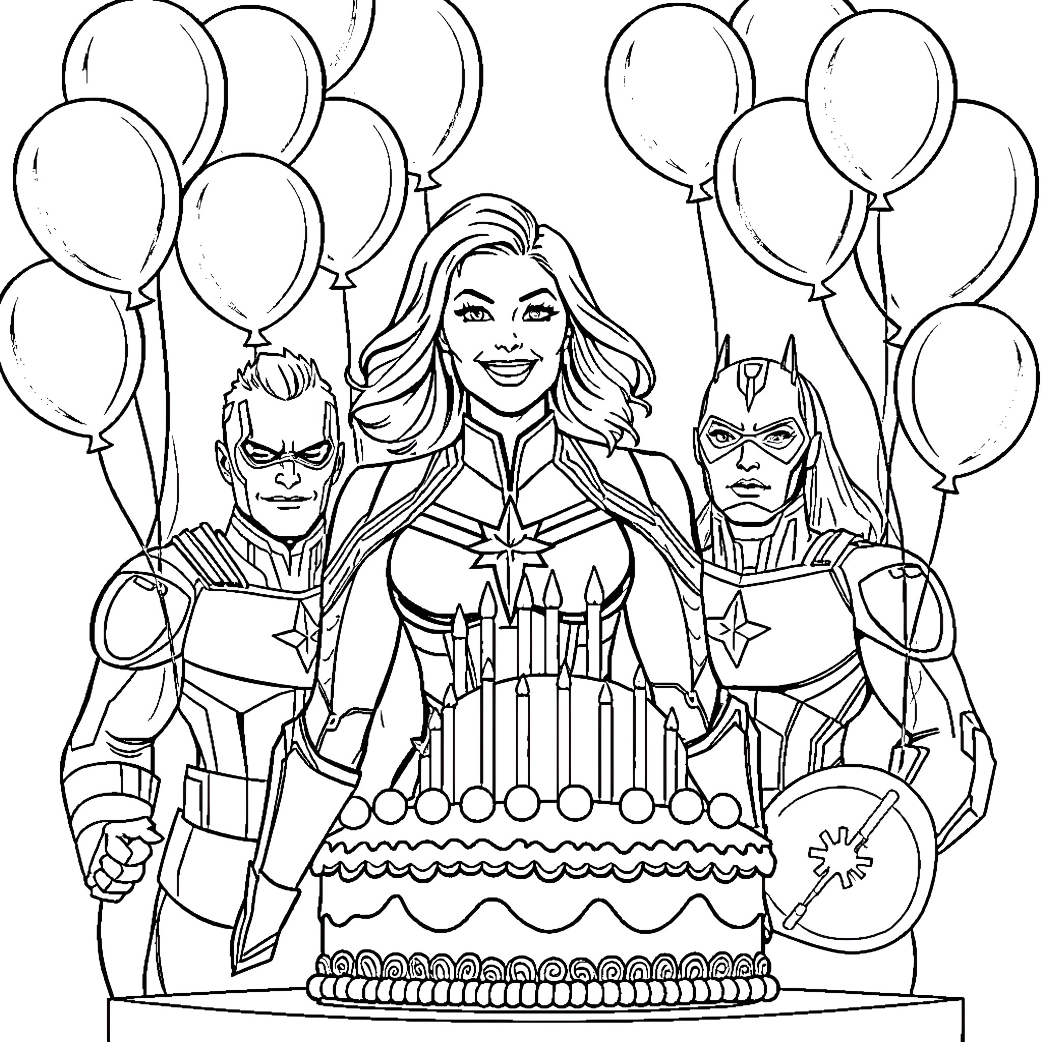 Captain Marvel's Birthday Celebration with Friends Coloring Page (free black-and-white line drawing printable PDF for all, from beginners to advanced learners, including children, teens, adults, and seniors)