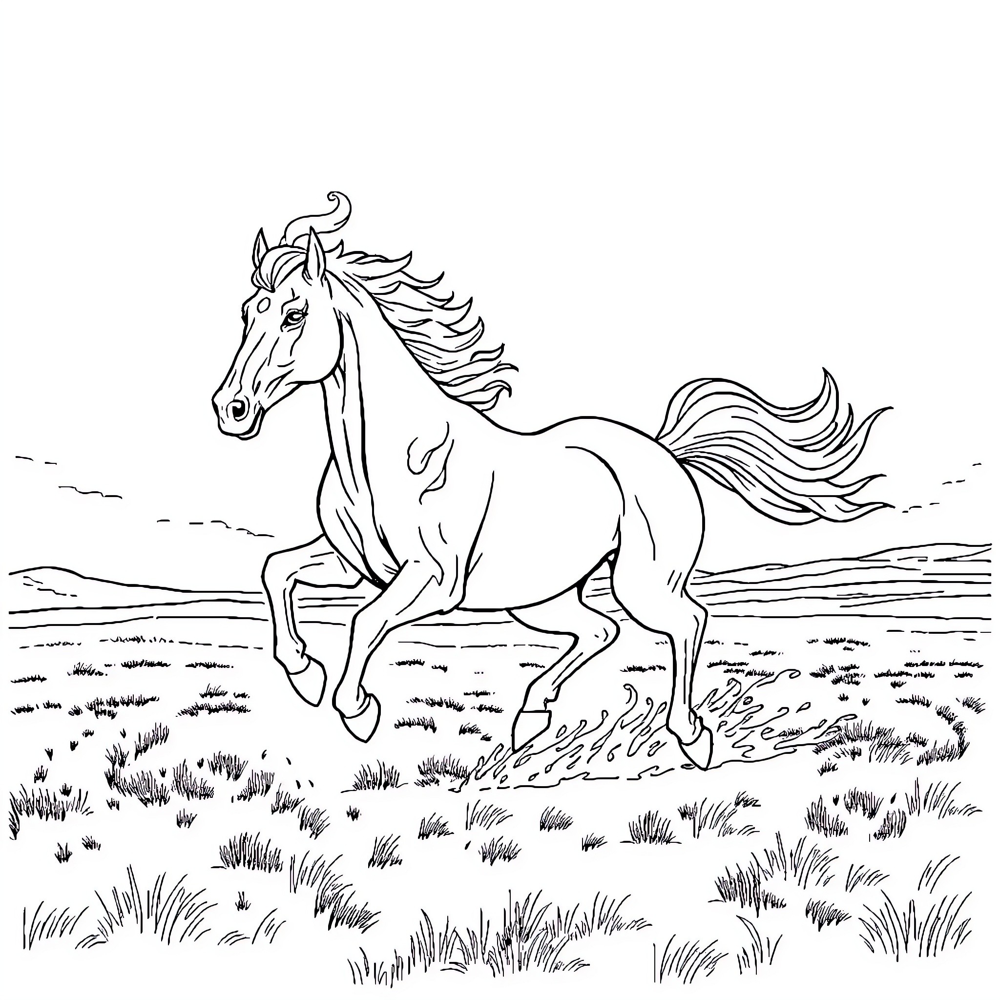 Horse running freely through the meadow Coloring Page (free black-and-white line drawing printable PDF for all, from beginners to advanced learners, including children, teens, adults, and seniors)