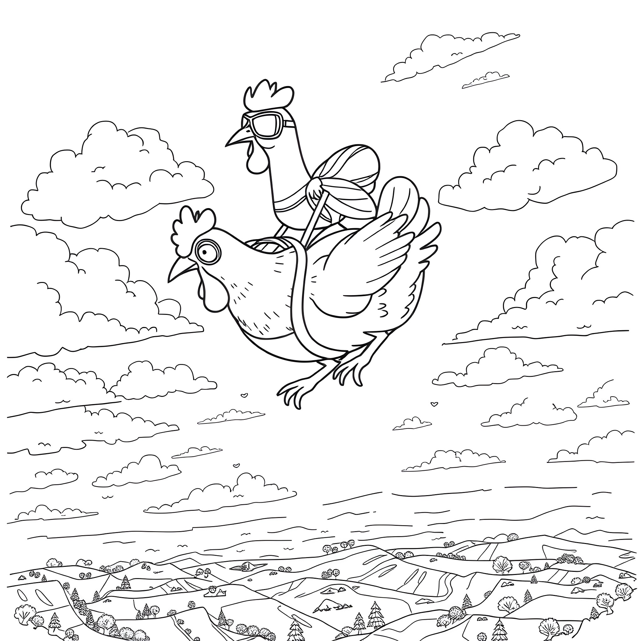 Chickens soaring through the cloudy sky Coloring Page (free black-and-white line drawing printable PDF for all, from beginners to advanced learners, including children, teens, adults, and seniors)