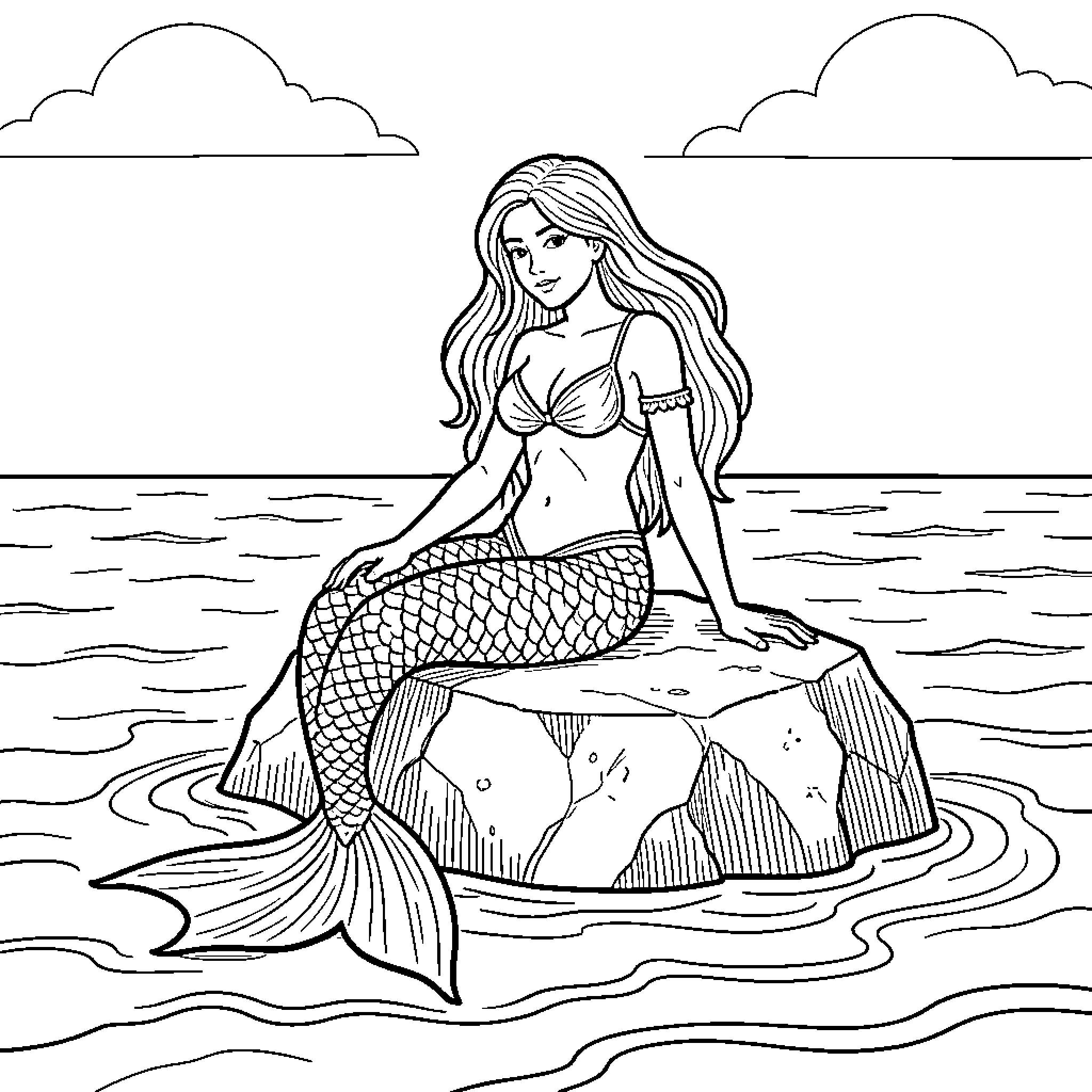 Mermaid sitting gracefully on a rock by the ocean Coloring Page (free black-and-white line drawing printable PDF for all, from beginners to advanced learners, including children, teens, adults, and seniors)