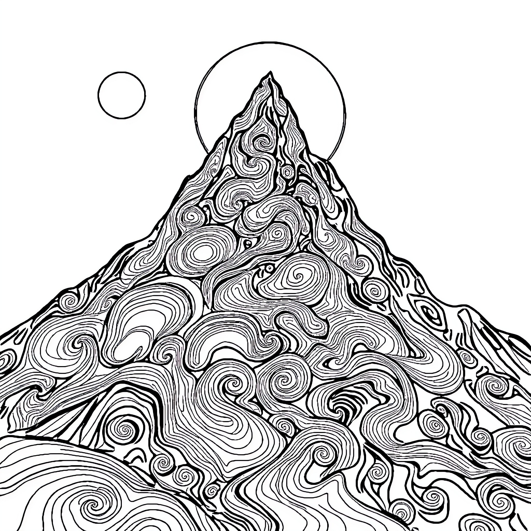 Mountain of swirling abstract patterns Coloring Page (free black-and-white line drawing printable PDF for all, from beginners to advanced learners, including children, teens, adults, and seniors)