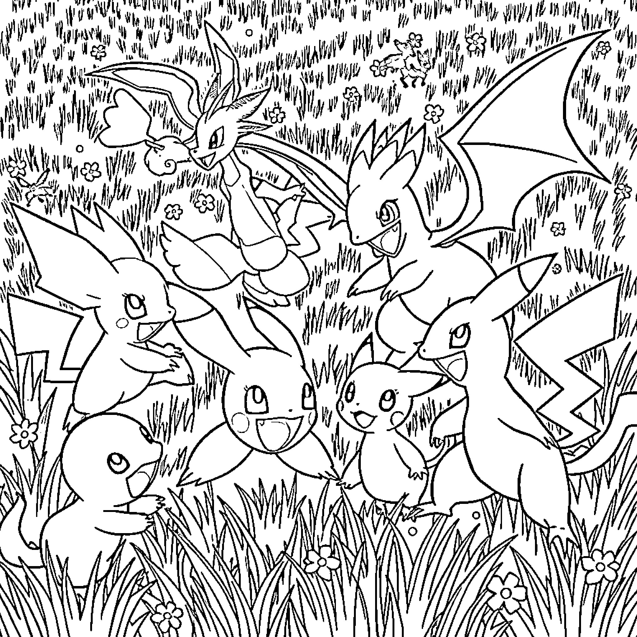 Pokémon characters gathering in a lush forest Coloring Page (free black-and-white line drawing printable PDF for all, from beginners to advanced learners, including children, teens, adults, and seniors)