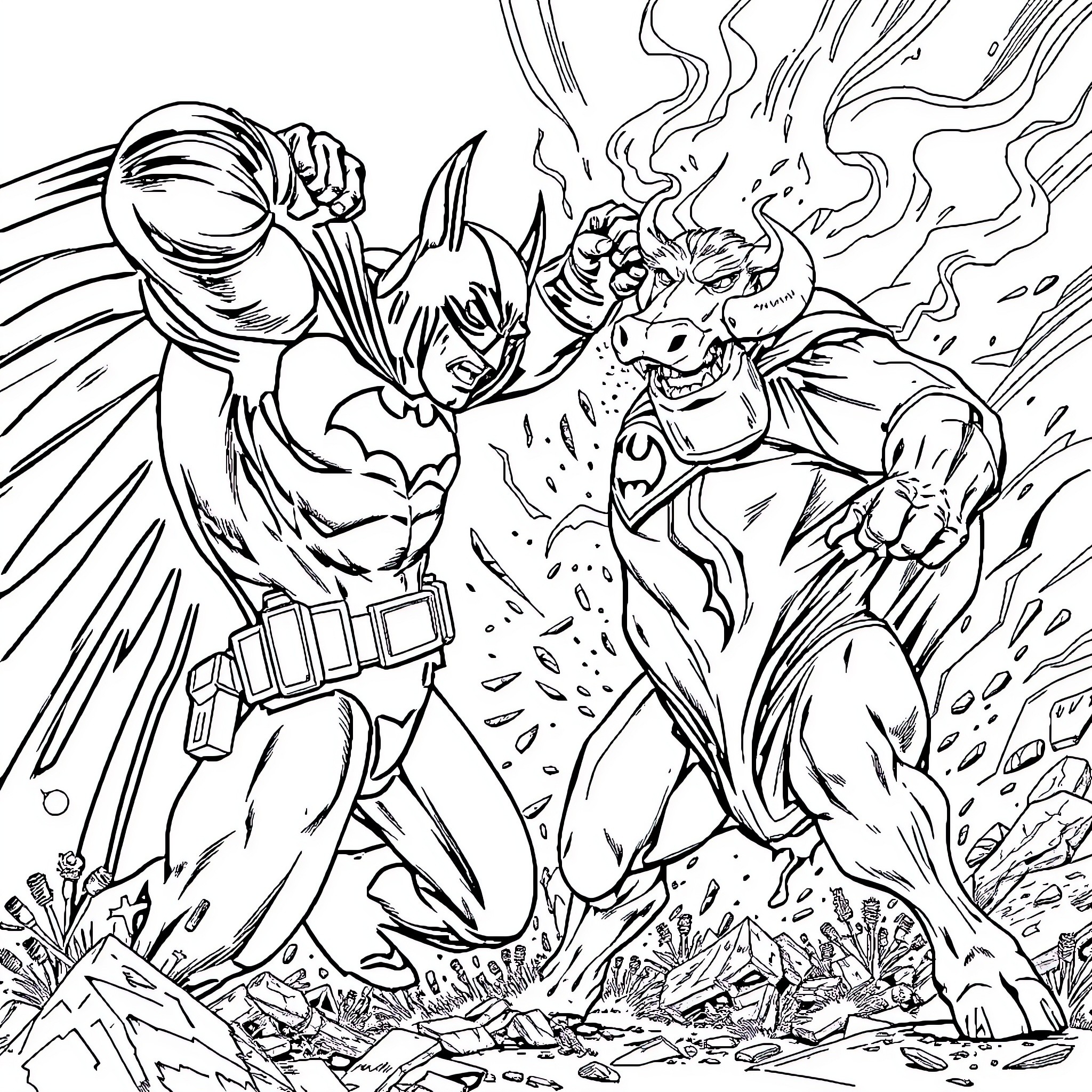 Cow-cowled Superhero Fighting Fearsome Foe Coloring Page (free black-and-white line drawing printable PDF for all, from beginners to advanced learners, including children, teens, adults, and seniors)
