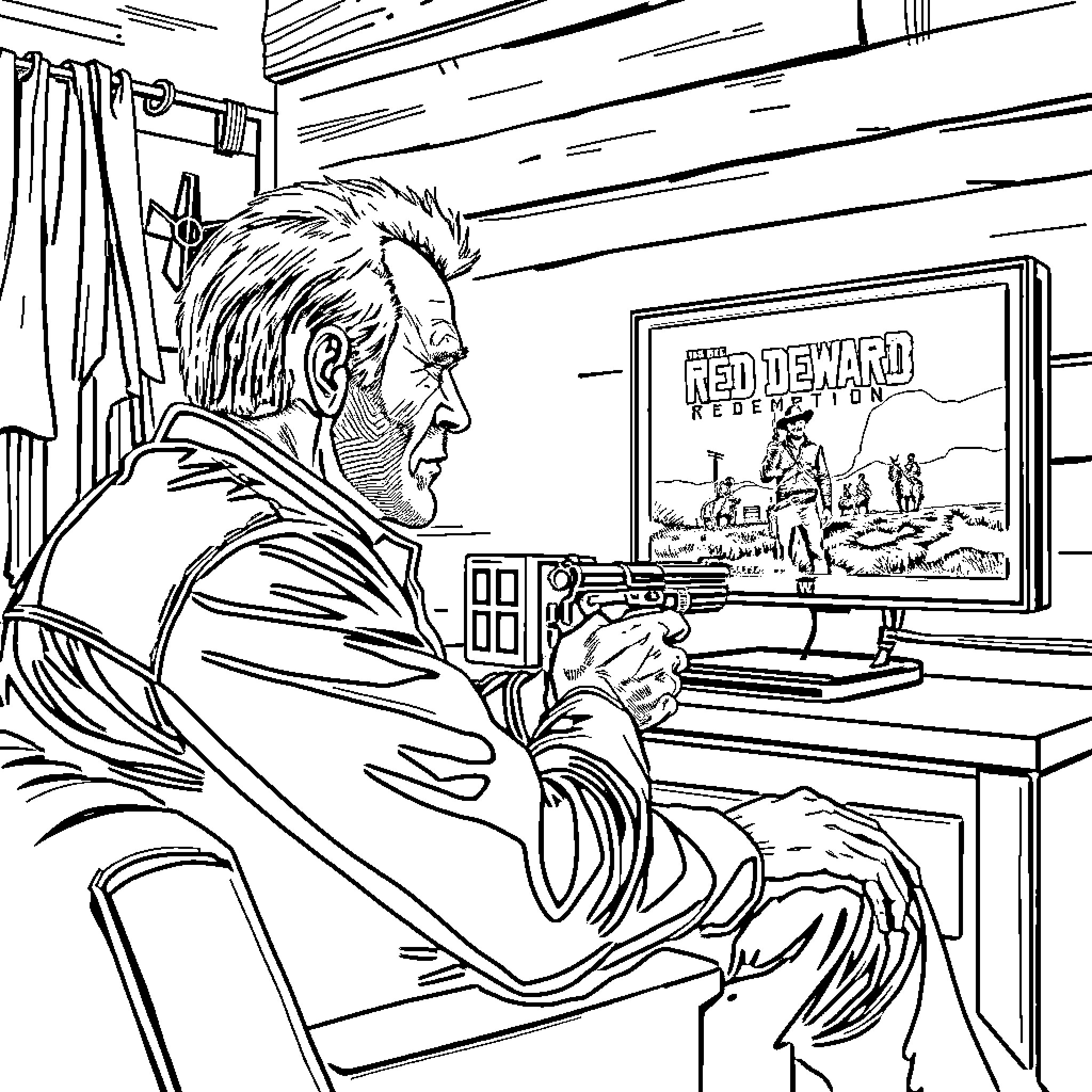 Clint Eastwood contemplating a western scene Coloring Page (free black-and-white line drawing printable PDF for all, from beginners to advanced learners, including children, teens, adults, and seniors)