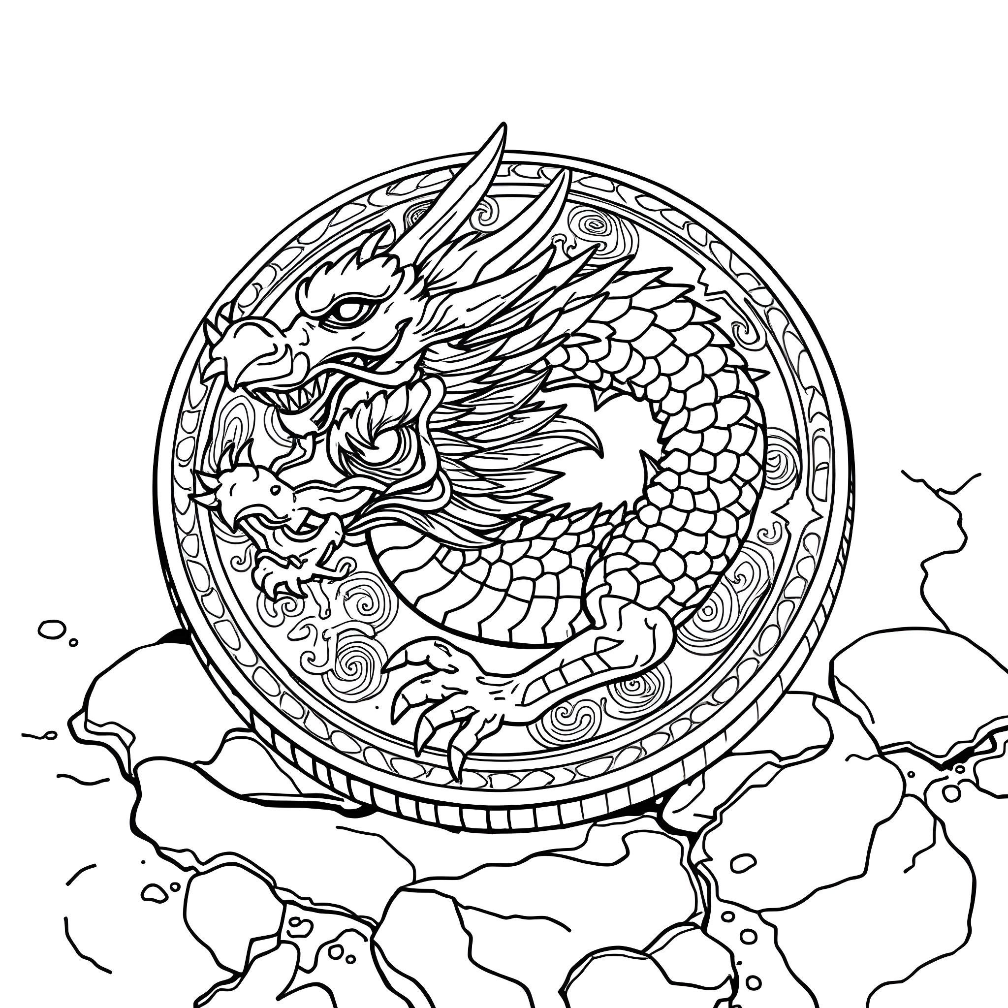 Dragon emerging from a mystic circle Coloring Page (free black-and-white line drawing printable PDF for all, from beginners to advanced learners, including children, teens, adults, and seniors)