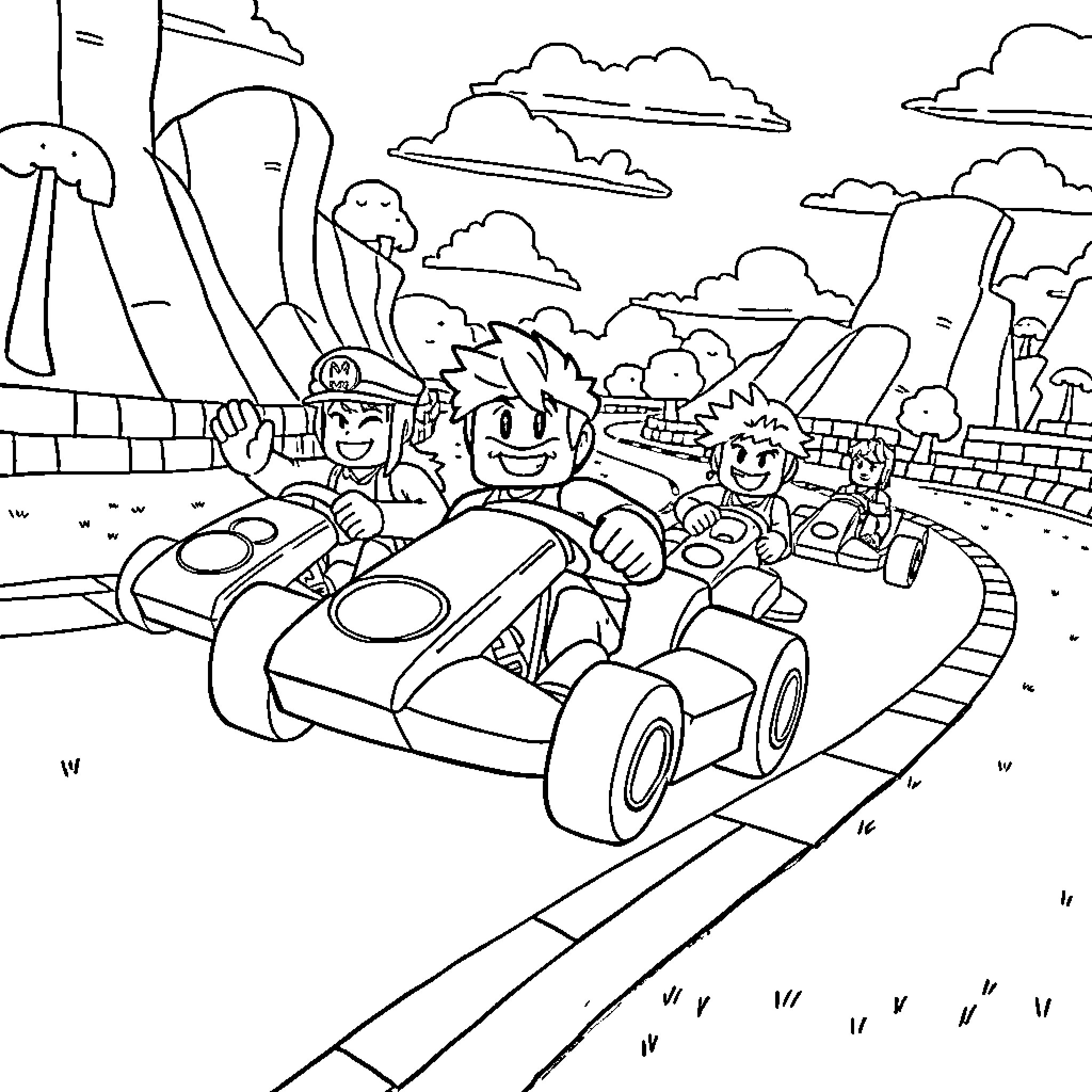 Boblox characters racing on a track with mountains and clouds Coloring Page (free black-and-white line drawing printable PDF for all, from beginners to advanced learners, including children, teens, adults, and seniors)