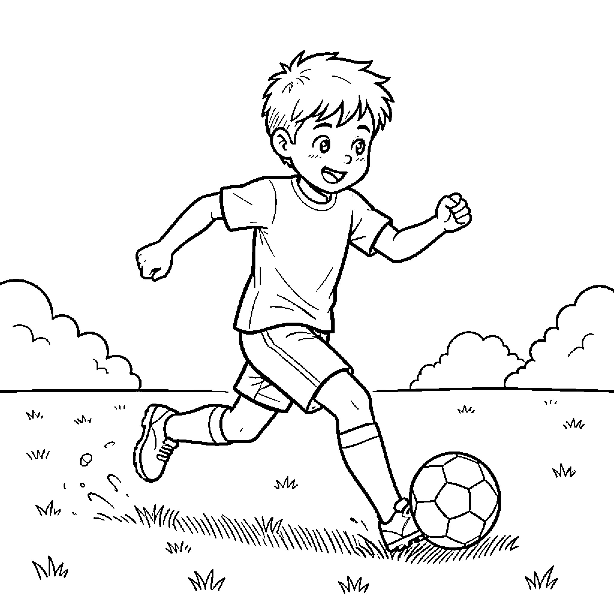 Boy running and kicking a soccer ball happily Coloring Page (free black-and-white line drawing printable PDF for all, from beginners to advanced learners, including children, teens, adults, and seniors)