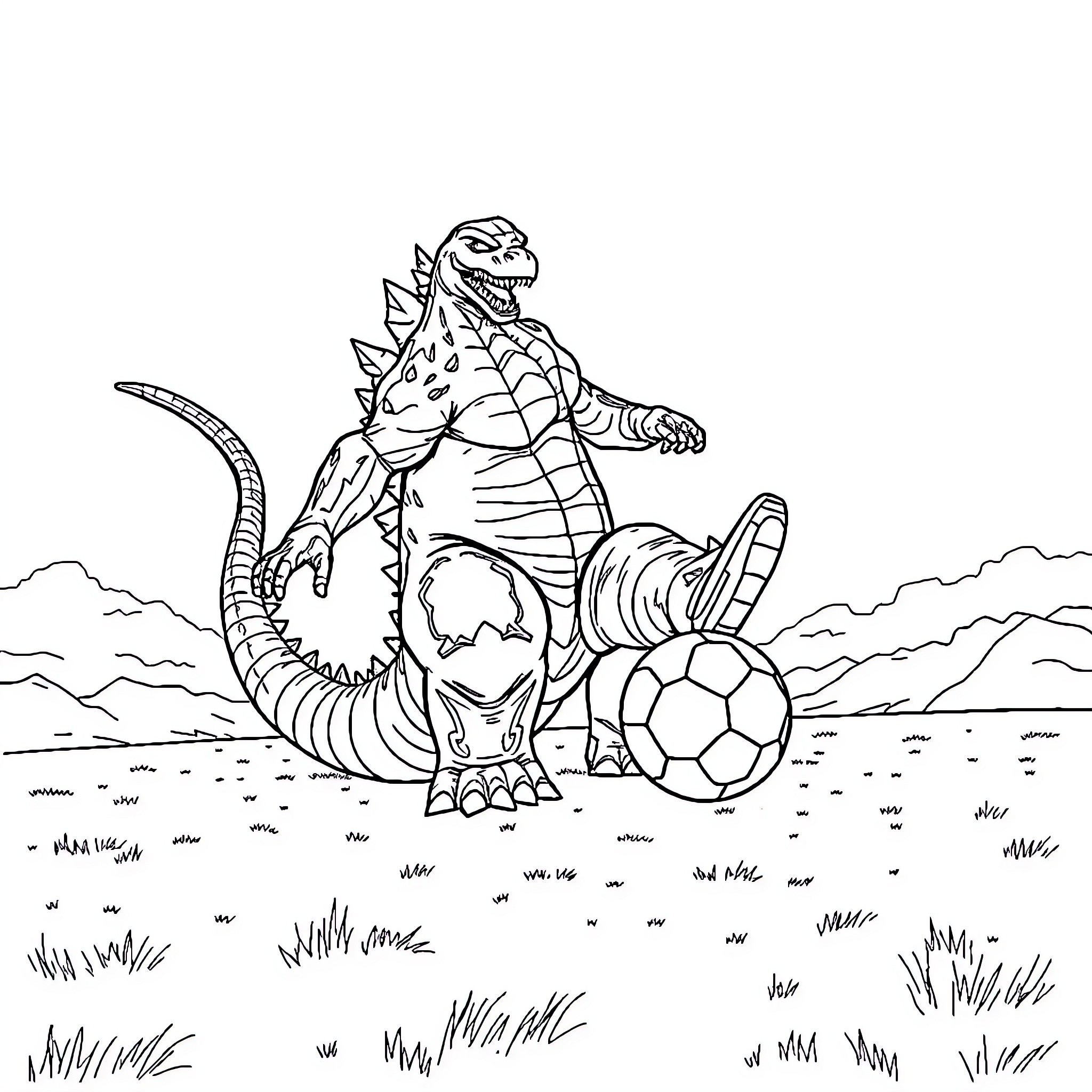Godzilla playing with a soccer ball in the park Coloring Page (free black-and-white line drawing printable PDF for all, from beginners to advanced learners, including children, teens, adults, and seniors)