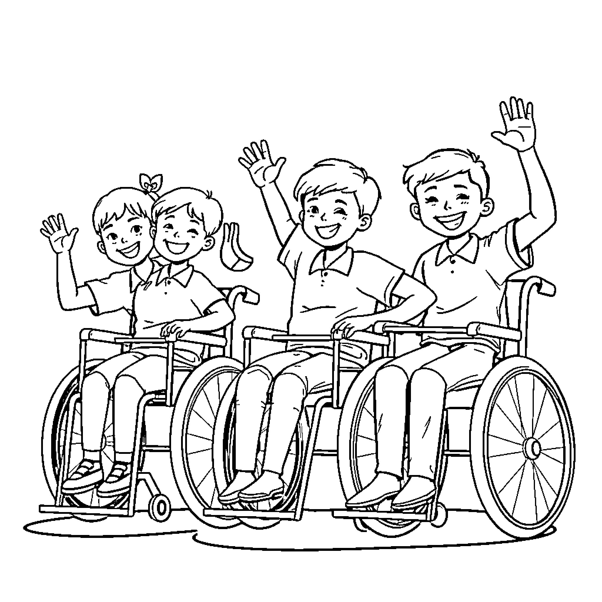 Children with Disabilities Enjoying School Coloring Page (free black-and-white line drawing printable PDF for all, from beginners to advanced learners, including children, teens, adults, and seniors)