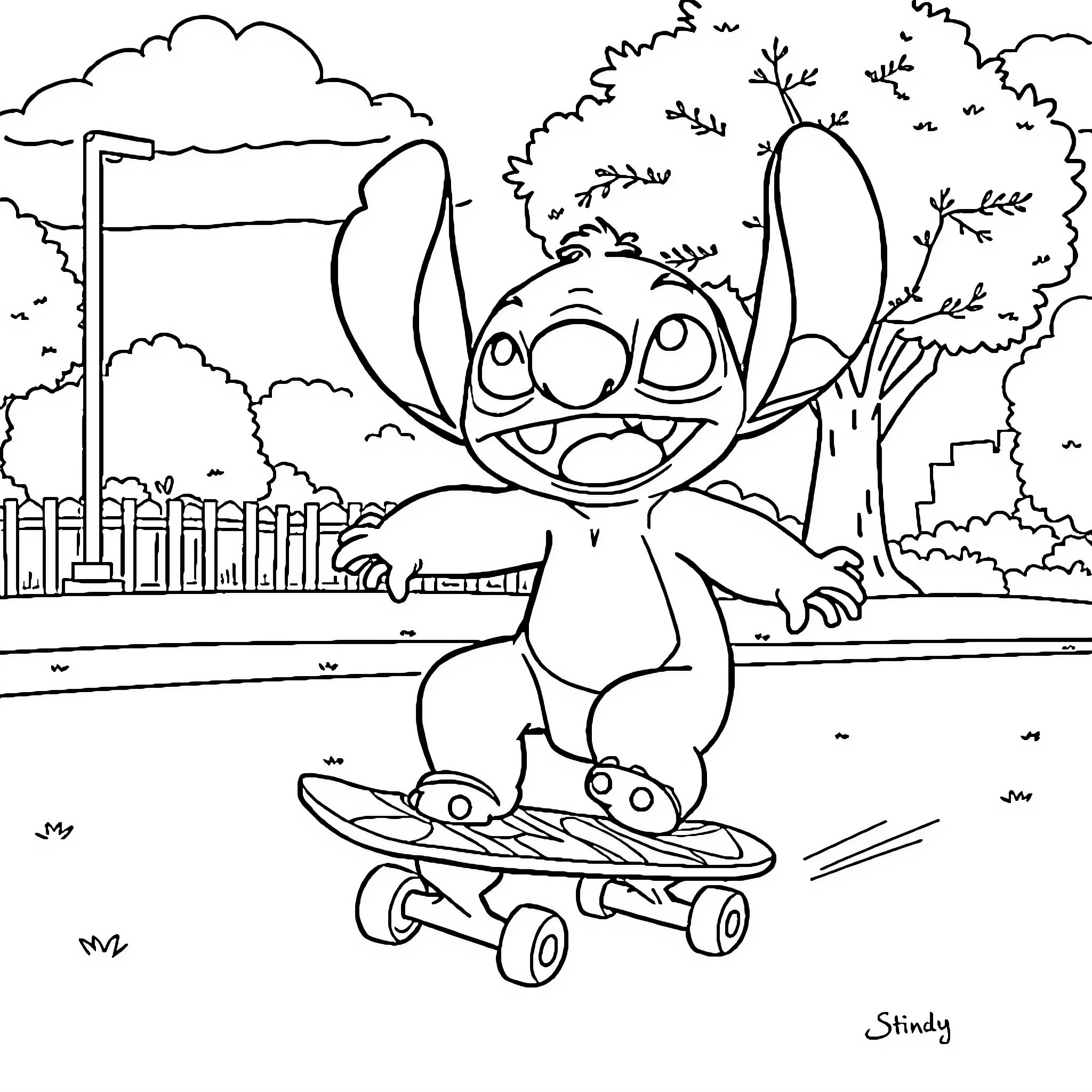 Stitch skateboarding through a lively city scene Coloring Page (free black-and-white line drawing printable PDF for all, from beginners to advanced learners, including children, teens, adults, and seniors)