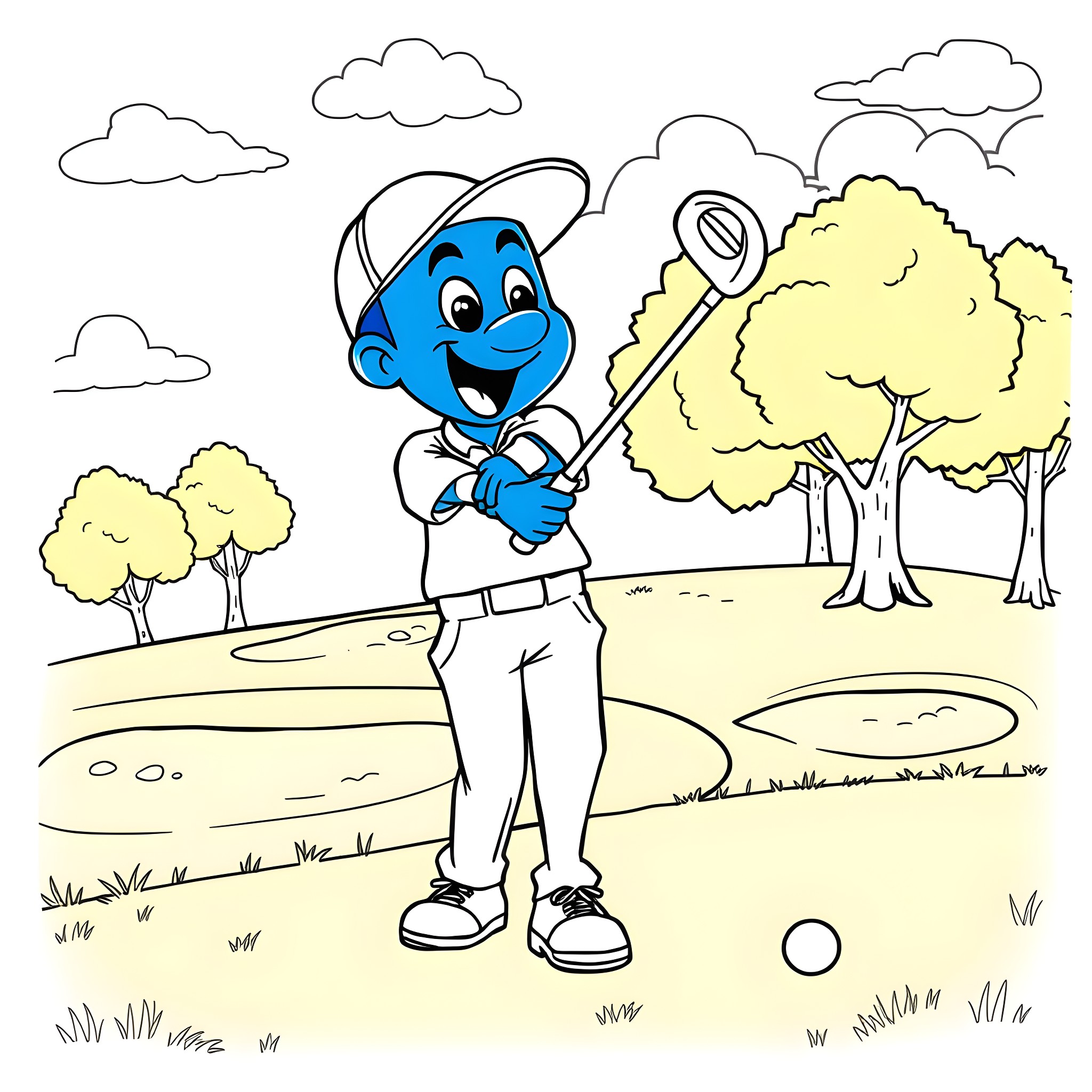 Bluey Playing Golf in the Park Coloring Page (free black-and-white line drawing printable PDF for all, from beginners to advanced learners, including children, teens, adults, and seniors)