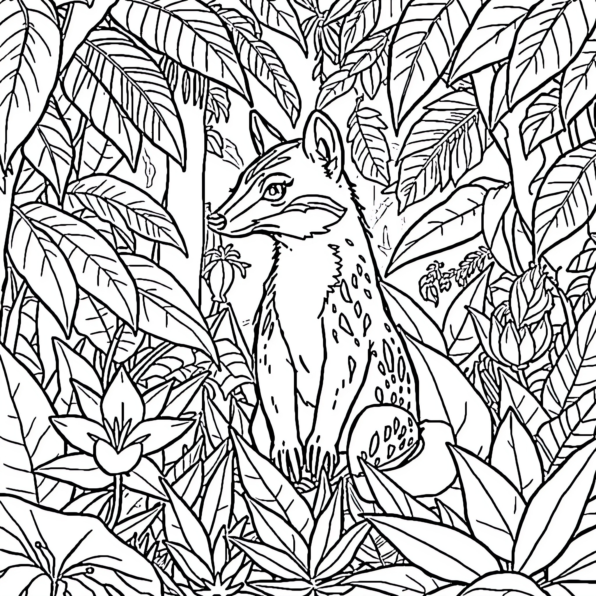 Blaireau exploring the tropical foliage Coloring Page (free black-and-white line drawing printable PDF for all, from beginners to advanced learners, including children, teens, adults, and seniors)