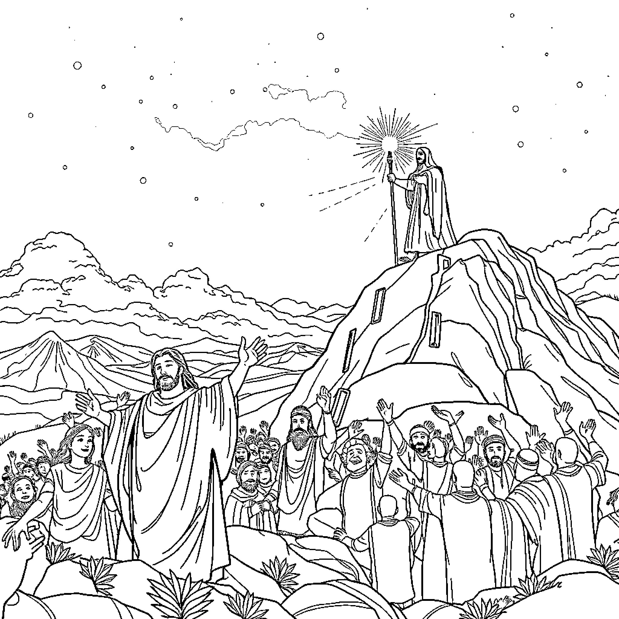 Moisés leading people through the wilderness Coloring Page (free black-and-white line drawing printable PDF for all, from beginners to advanced learners, including children, teens, adults, and seniors)