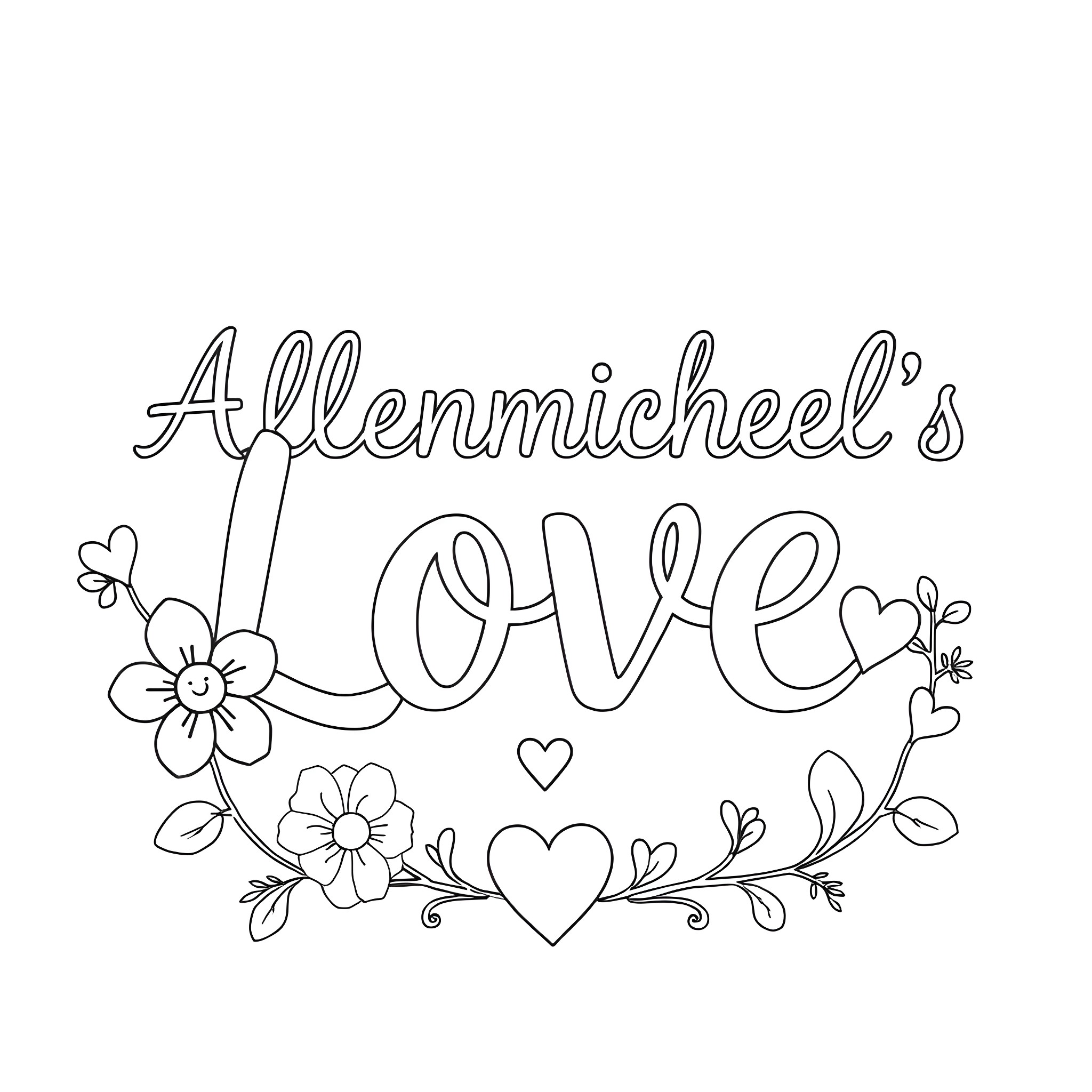 Font of Love with Floral Decorations Coloring Page (free black-and-white line drawing printable PDF for all, from beginners to advanced learners, including children, teens, adults, and seniors)