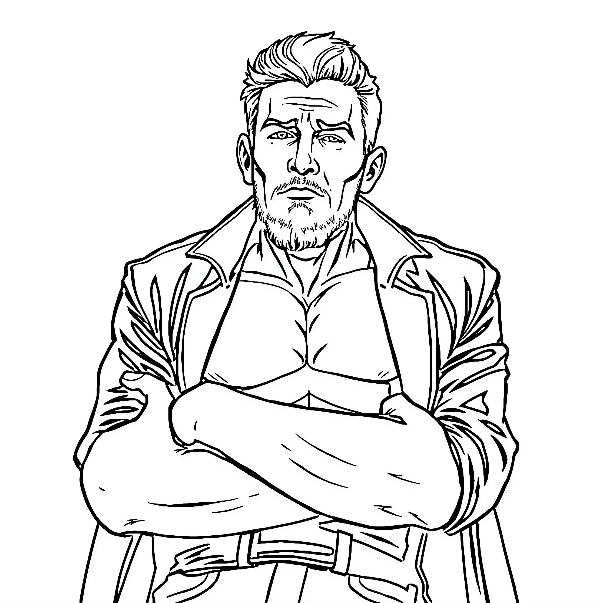 Hombre with stern expression and arms crossed Coloring Page (free black-and-white line drawing printable PDF for all, from beginners to advanced learners, including children, teens, adults, and seniors)