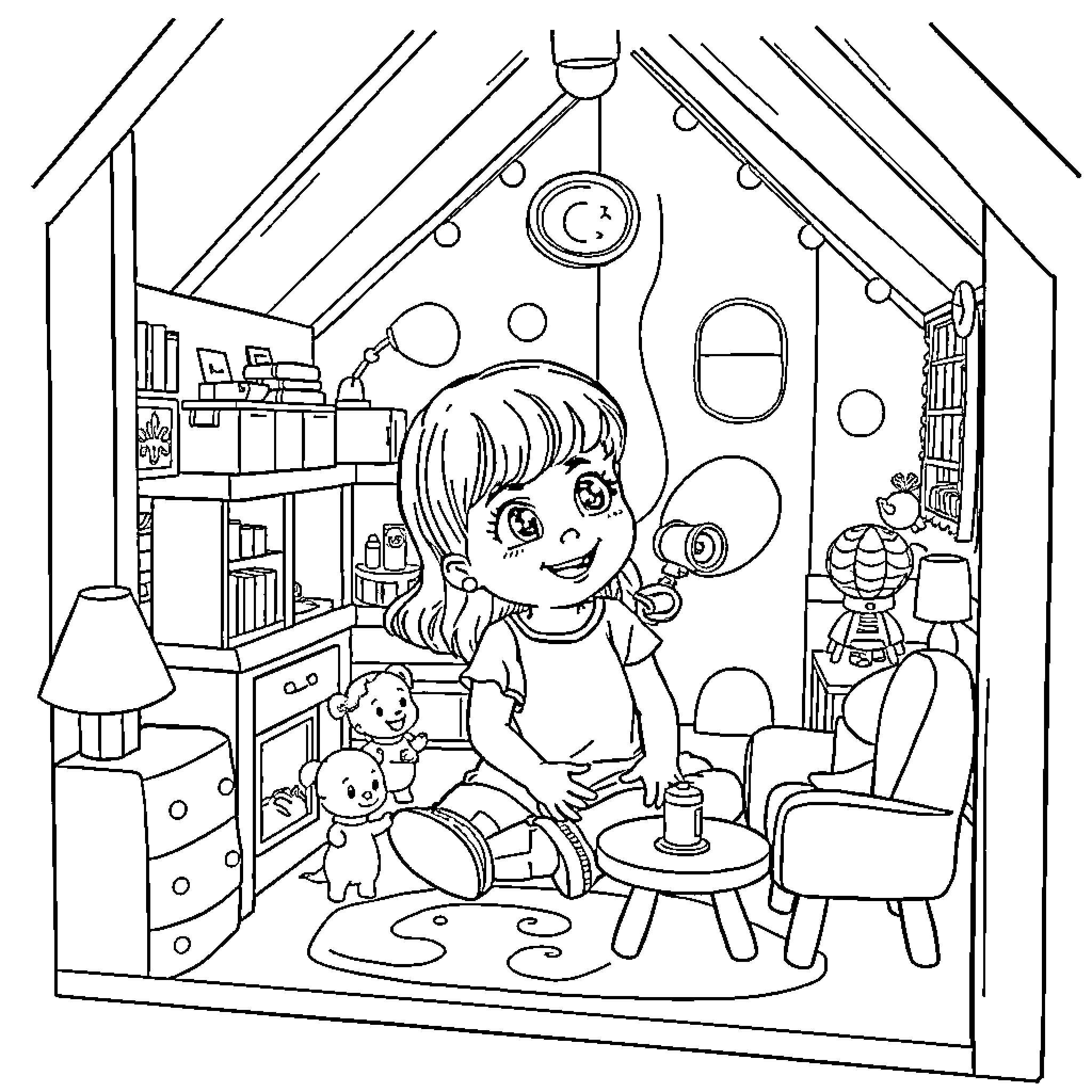 Gabby's Cozy Bedroom Adventure Coloring Page (free black-and-white line drawing printable PDF for all, from beginners to advanced learners, including children, teens, adults, and seniors)