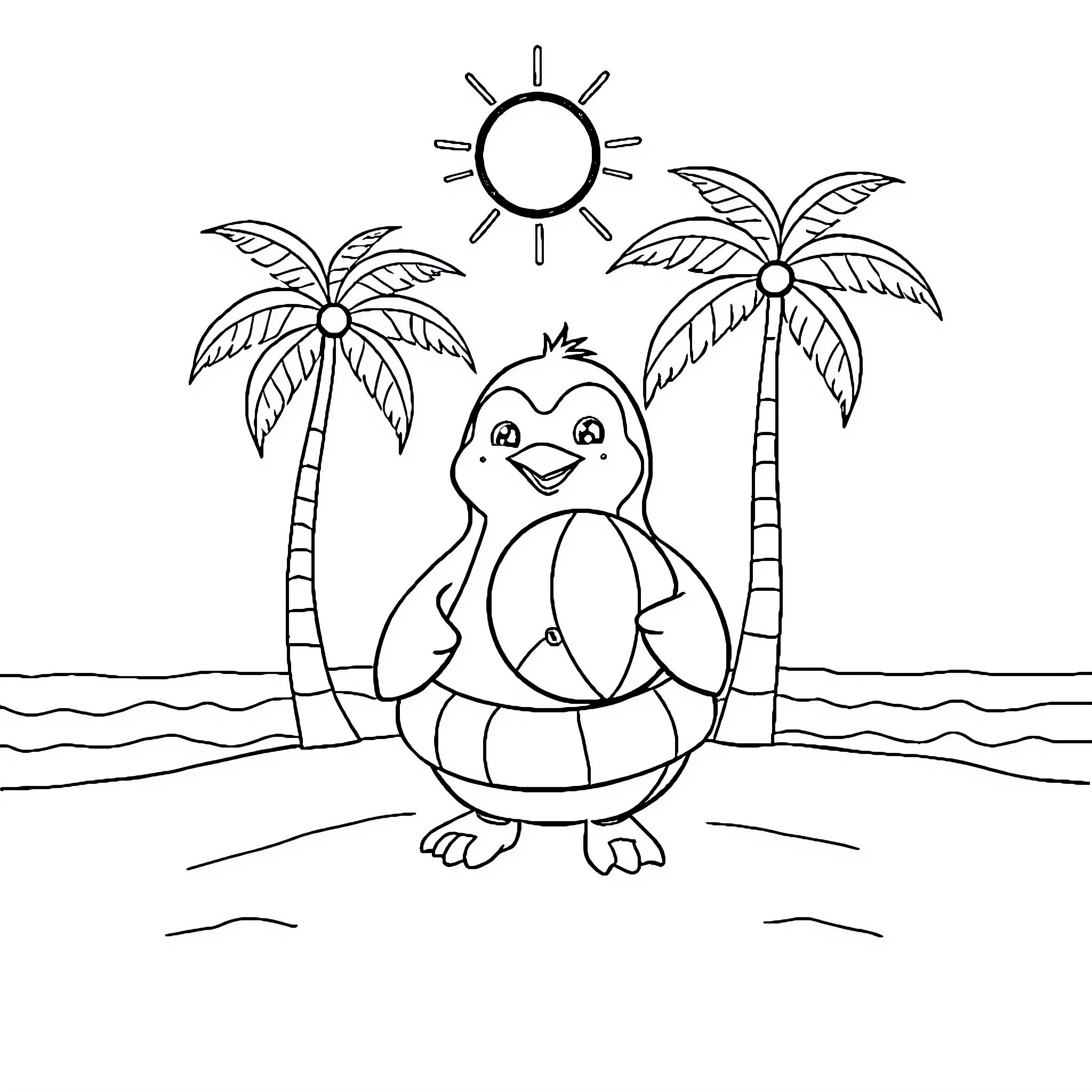 Penguin relaxing on beach under palm trees Coloring Page (free black-and-white line drawing printable PDF for all, from beginners to advanced learners, including children, teens, adults, and seniors)