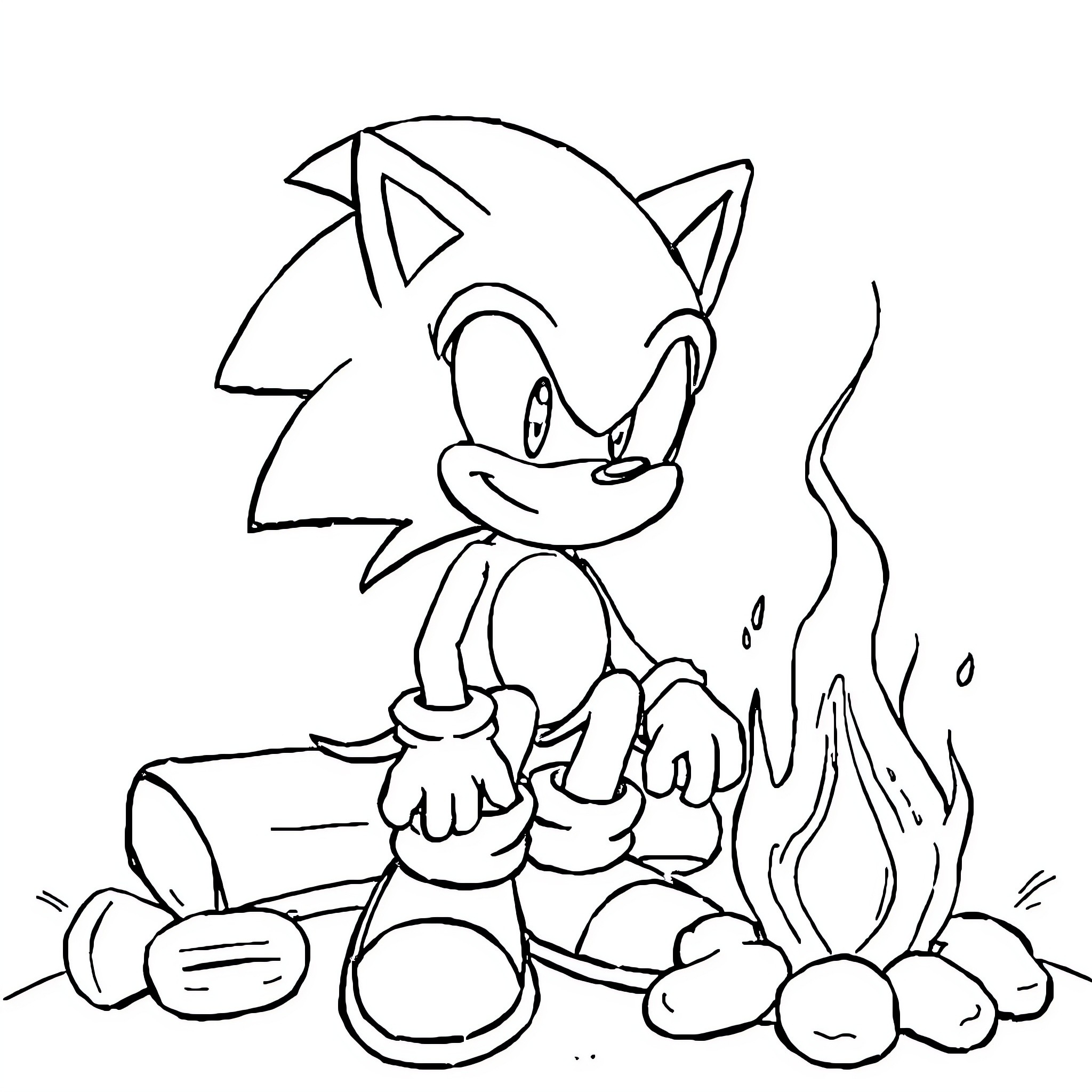 Sonic Enjoying a Campfire Adventure Coloring Page (free black-and-white line drawing printable PDF for all, from beginners to advanced learners, including children, teens, adults, and seniors)