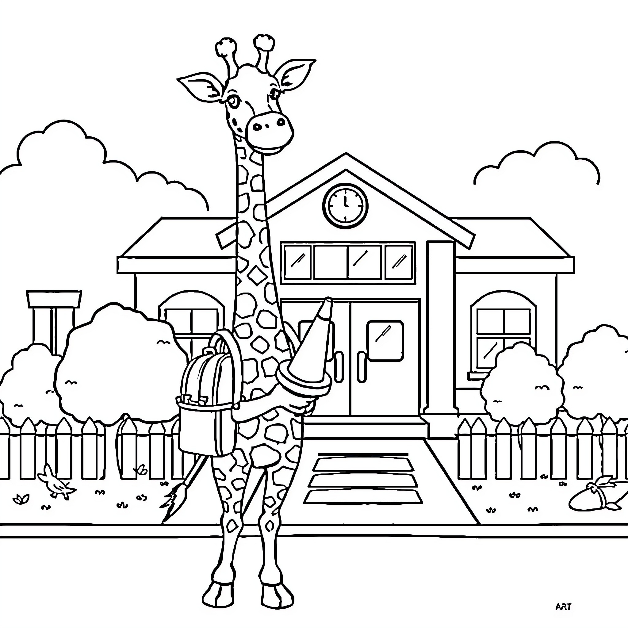 Giraffe exploring a schoolhouse scene Coloring Page (free black-and-white line drawing printable PDF for all, from beginners to advanced learners, including children, teens, adults, and seniors)