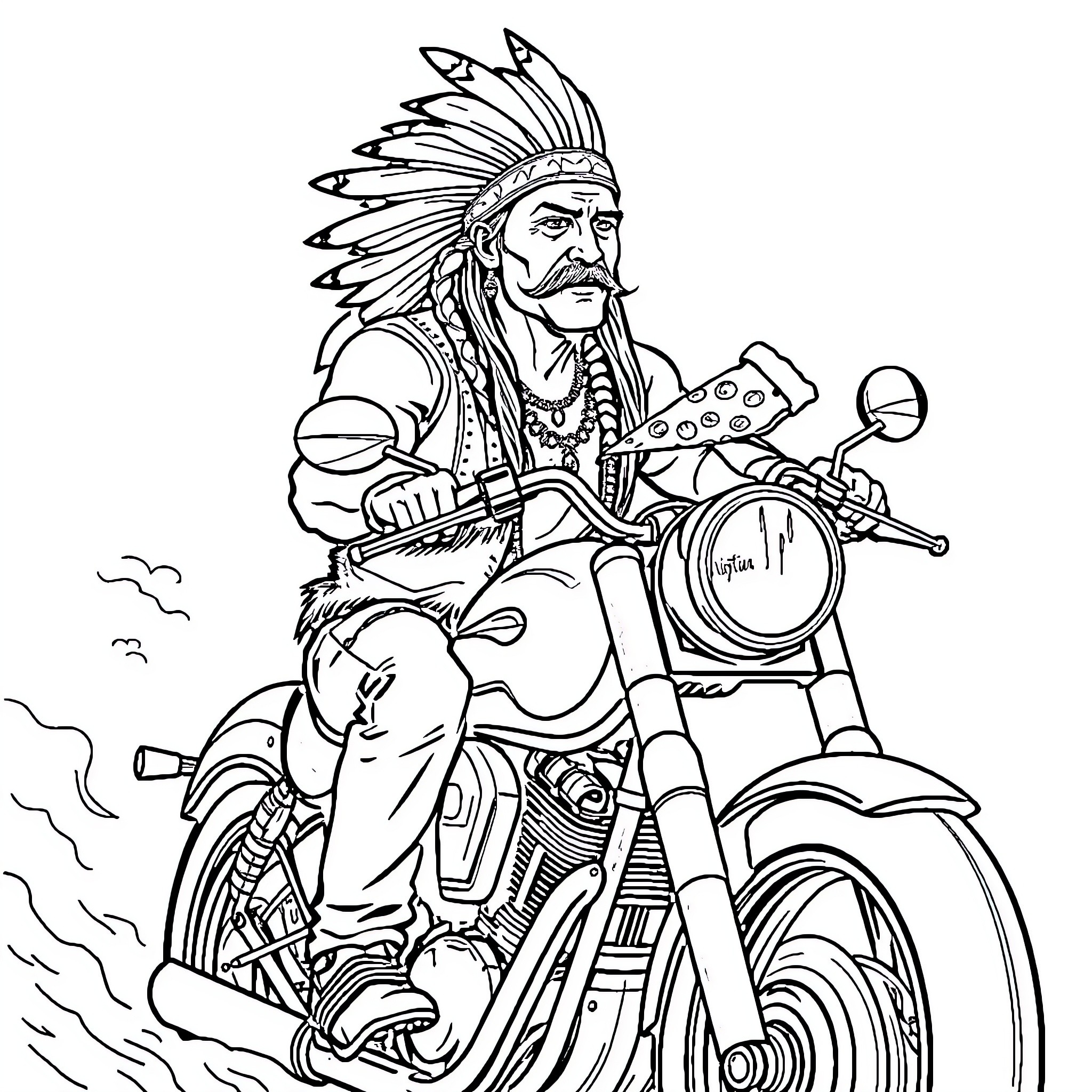 Motorcycle Rider Dressed in Native American Attire Coloring Page (free black-and-white line drawing printable PDF for all, from beginners to advanced learners, including children, teens, adults, and seniors)