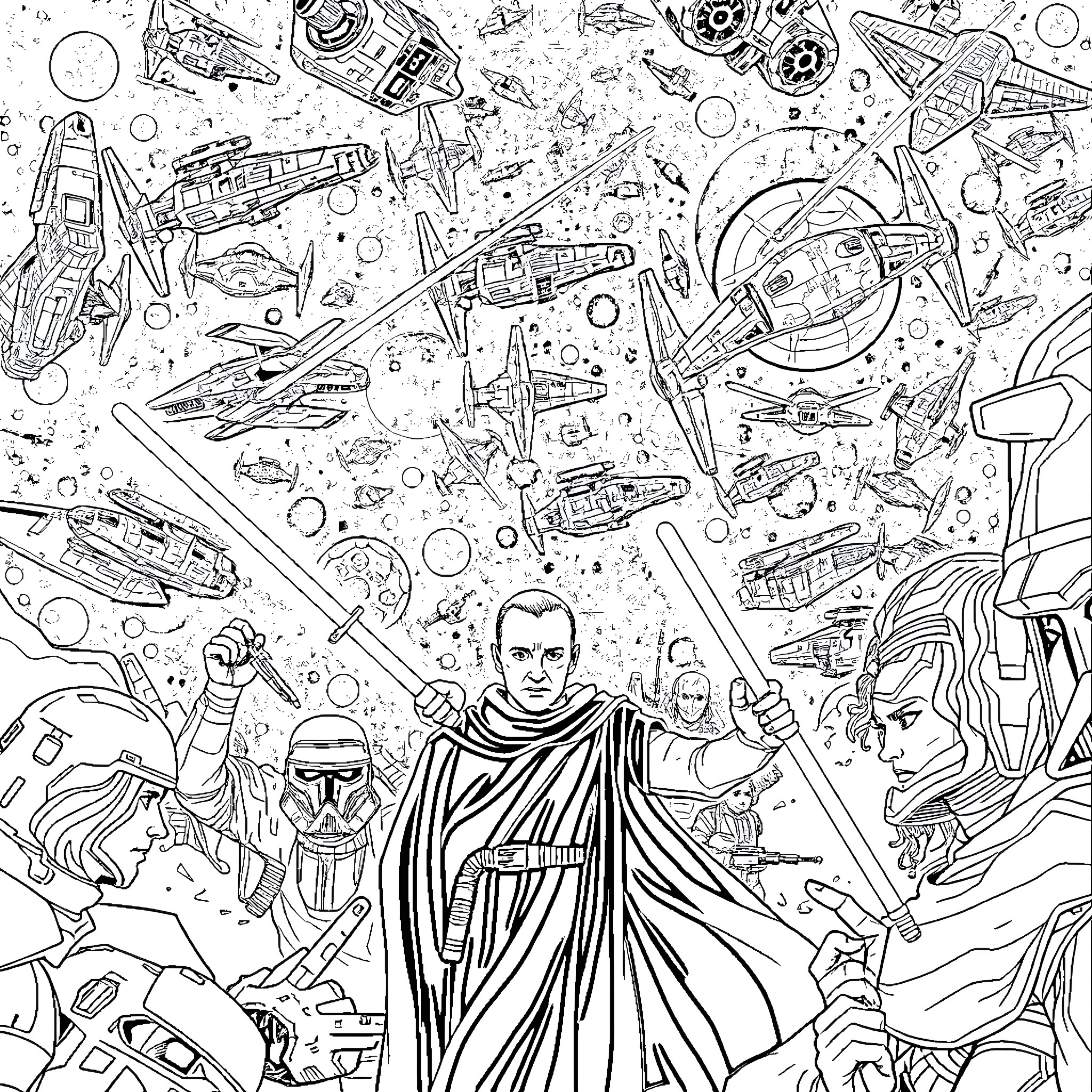Star Wars characters in epic galactic adventure Coloring Page (free black-and-white line drawing printable PDF for all, from beginners to advanced learners, including children, teens, adults, and seniors)