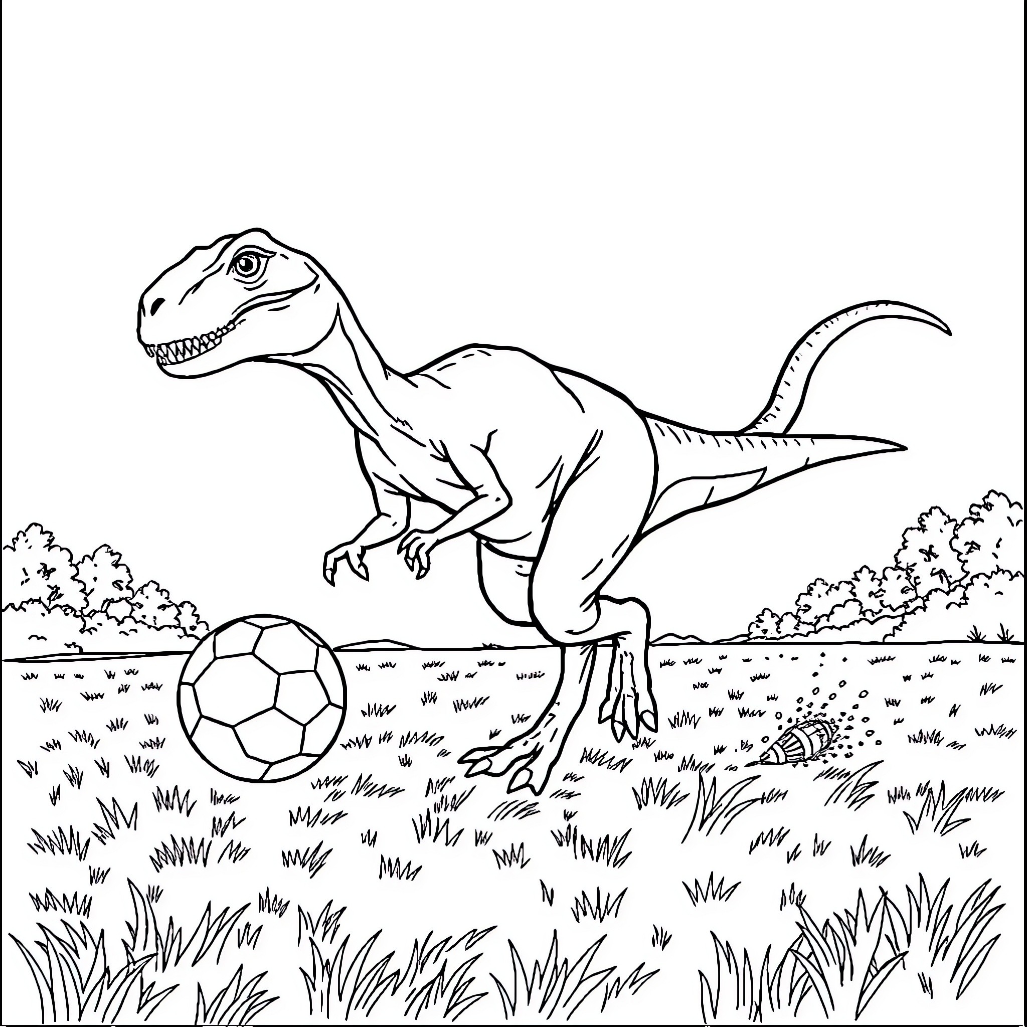 Velociraptor playing with a soccer ball in the wilderness Coloring Page (free black-and-white line drawing printable PDF for all, from beginners to advanced learners, including children, teens, adults, and seniors)