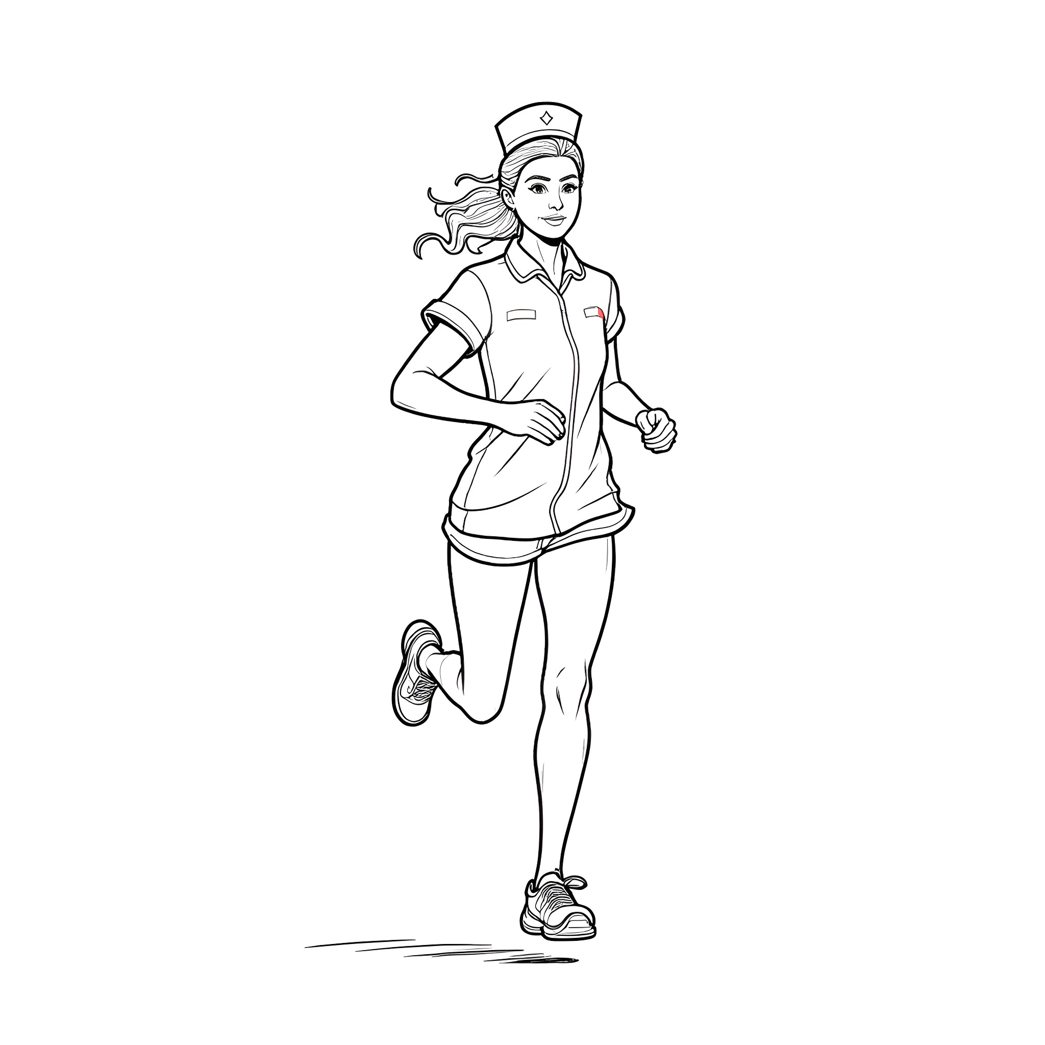 Nurse running energetically in uniform Coloring Page (free black-and-white line drawing printable PDF for all, from beginners to advanced learners, including children, teens, adults, and seniors)
