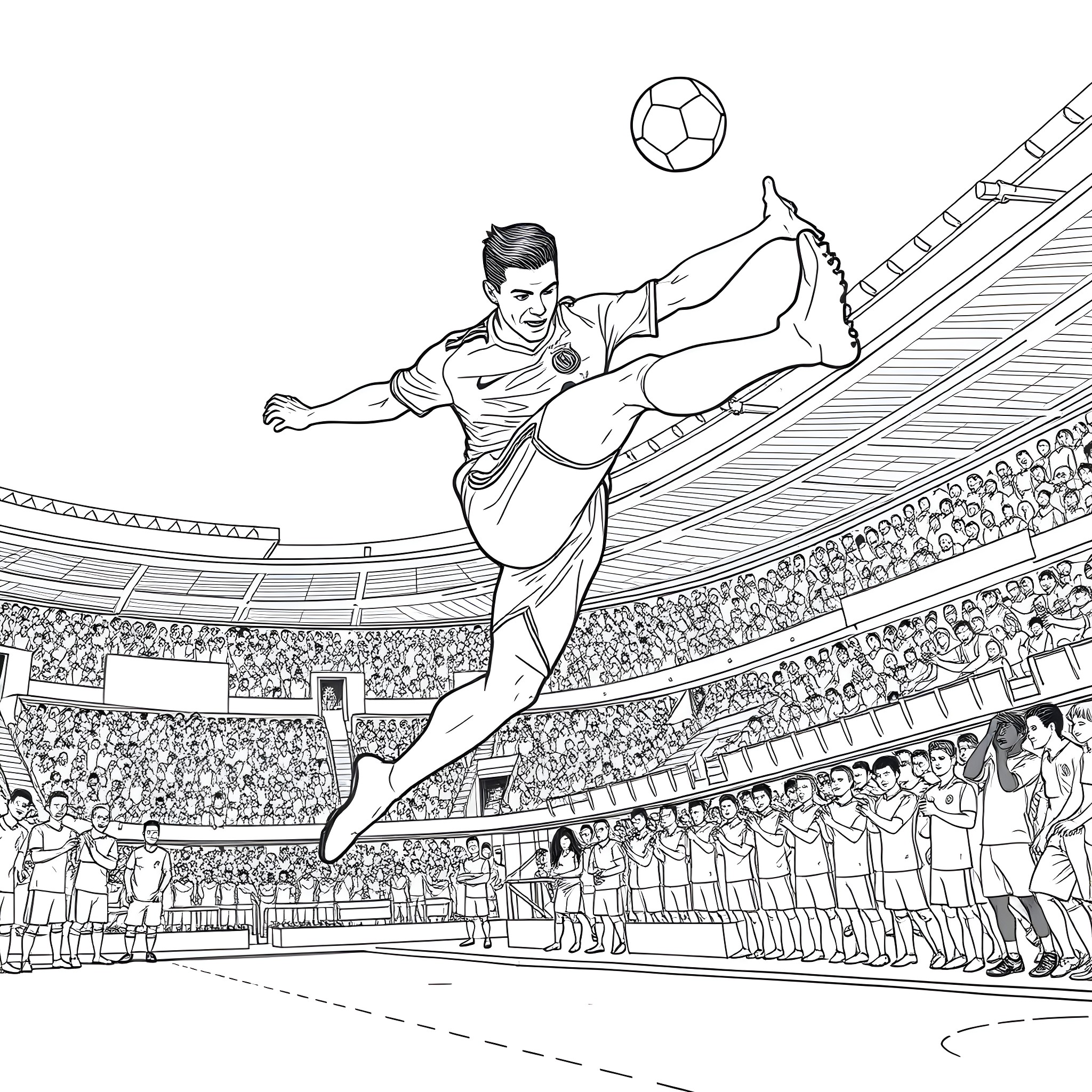 Ronaldo's Acrobatic Football Moves on the Pitch Coloring Page (free black-and-white line drawing printable PDF for all, from beginners to advanced learners, including children, teens, adults, and seniors)