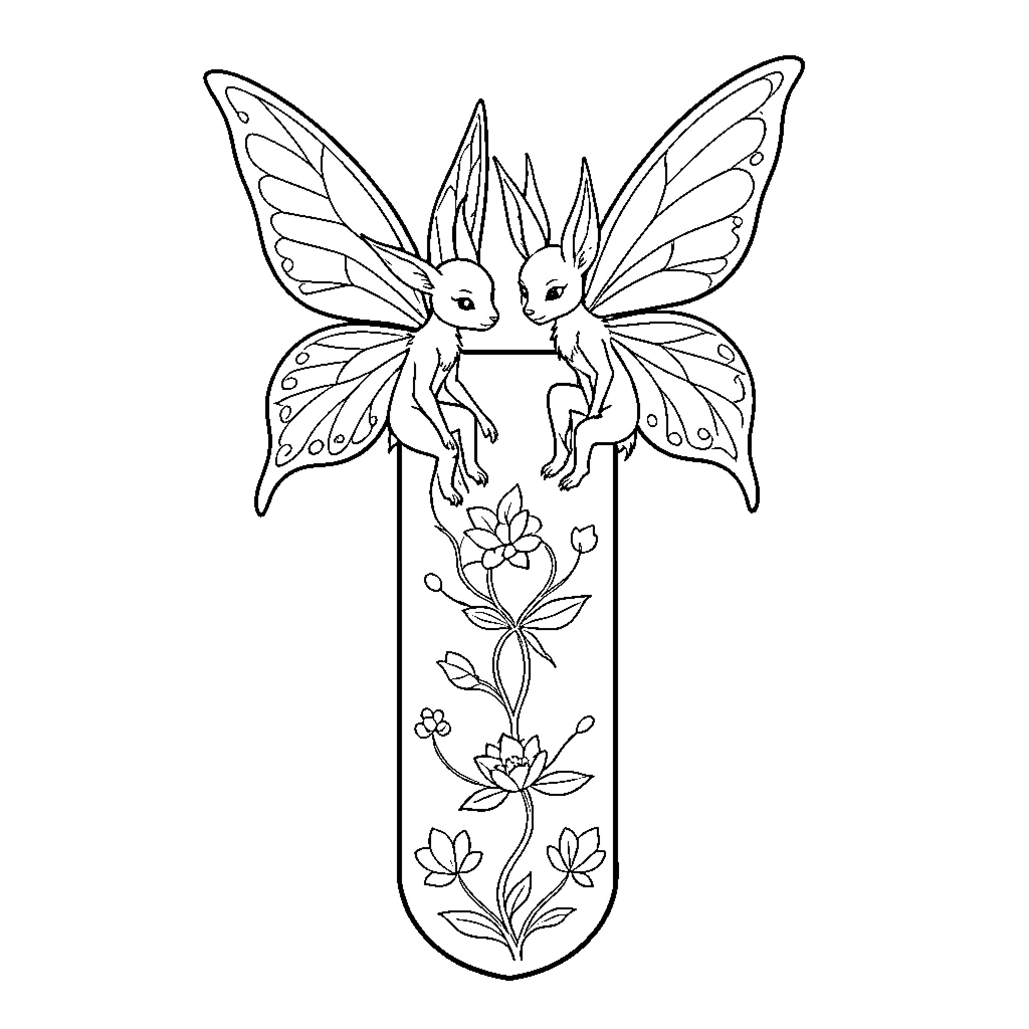 Fae creatures with delicate wings perched on a flowering vine Coloring Page (free black-and-white line drawing printable PDF for all, from beginners to advanced learners, including children, teens, adults, and seniors)