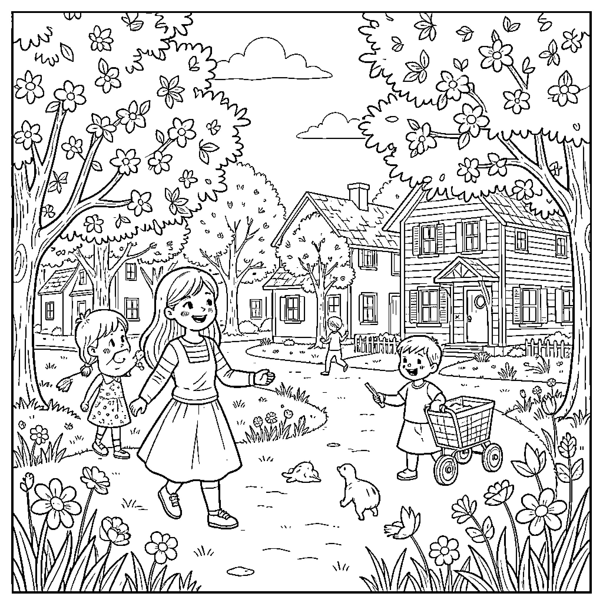 Spring children playing joyfully in a garden near houses Coloring Page (free black-and-white line drawing printable PDF for all, from beginners to advanced learners, including children, teens, adults, and seniors)