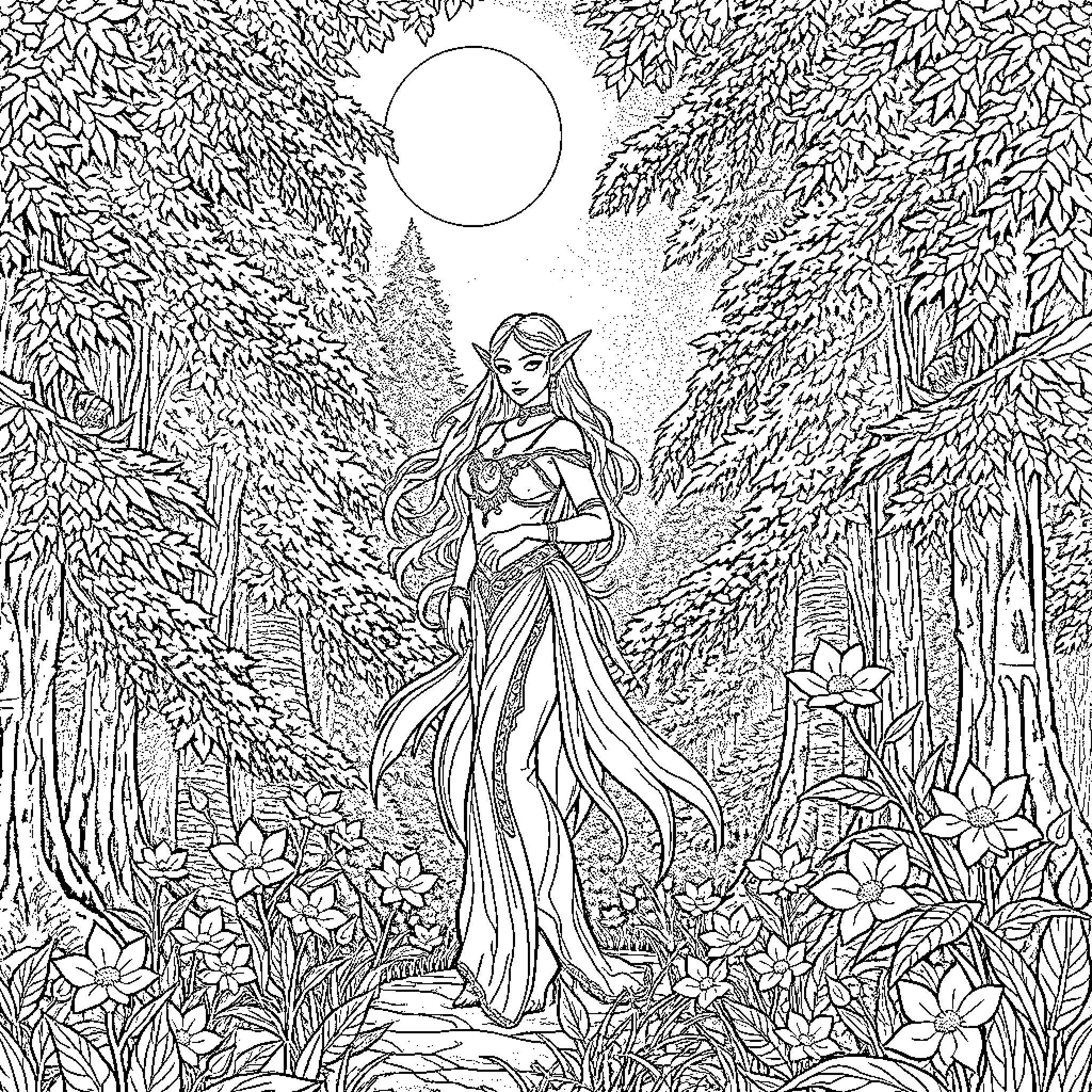 Druid woman in mystical forest landscape Coloring Page (free black-and-white line drawing printable PDF for all, from beginners to advanced learners, including children, teens, adults, and seniors)