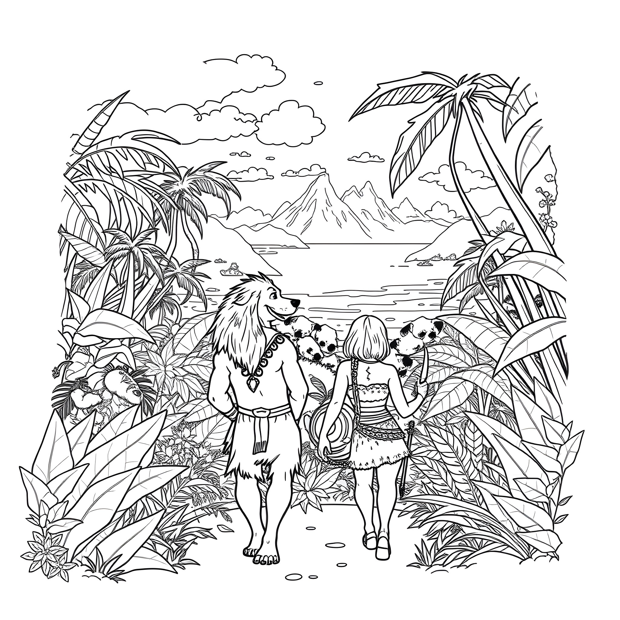 Dogman exploring the tropical island with a companion Coloring Page (free black-and-white line drawing printable PDF for all, from beginners to advanced learners, including children, teens, adults, and seniors)