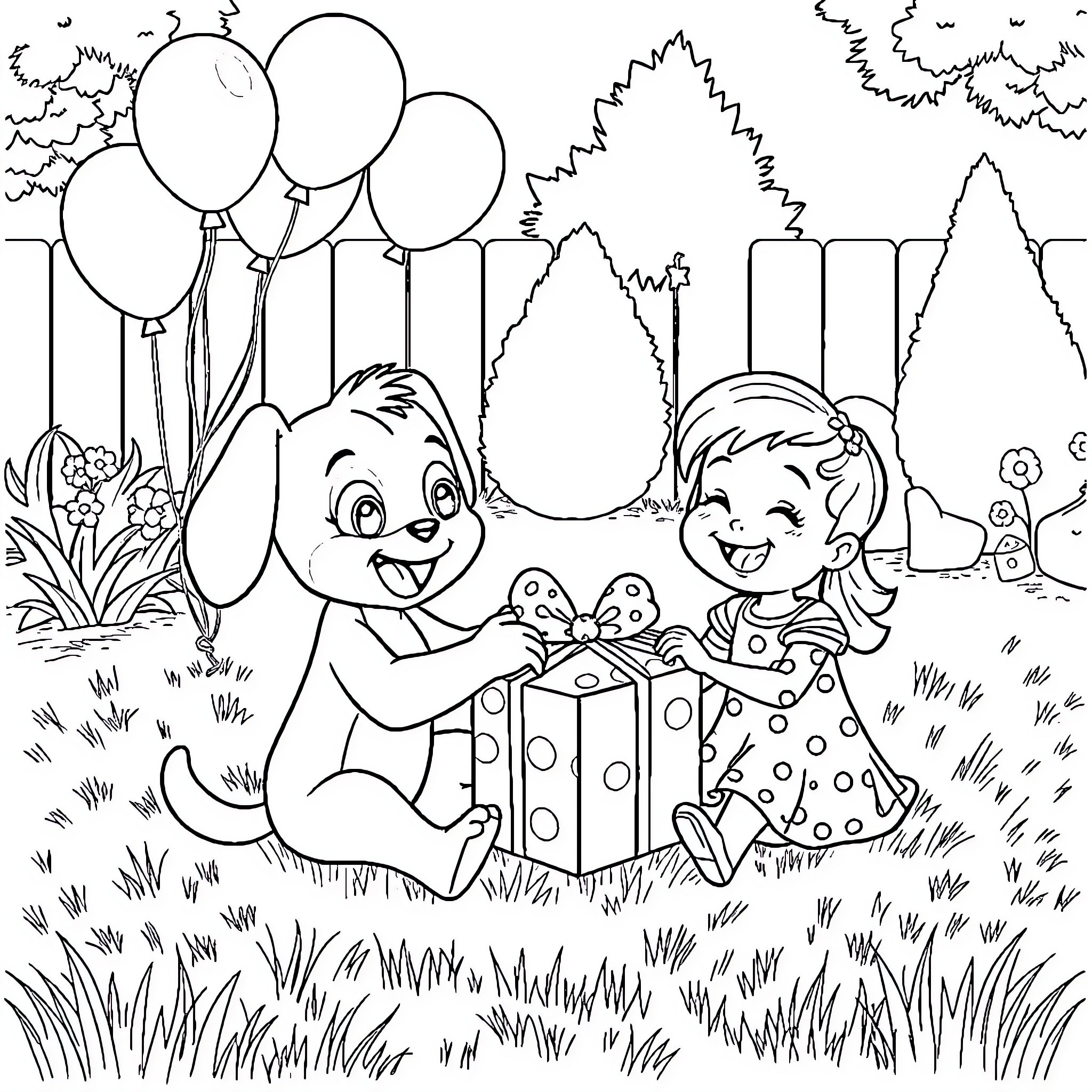 Bluey's Festive Celebration with Gifts and Balloons Coloring Page (free black-and-white line drawing printable PDF for all, from beginners to advanced learners, including children, teens, adults, and seniors)