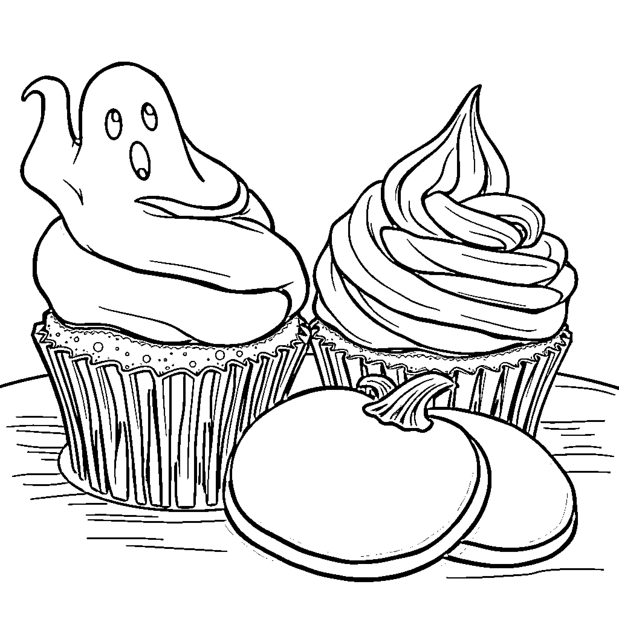 Dessert Delights with Cupcakes and Apples Coloring Page (free black-and-white line drawing printable PDF for all, from beginners to advanced learners, including children, teens, adults, and seniors)