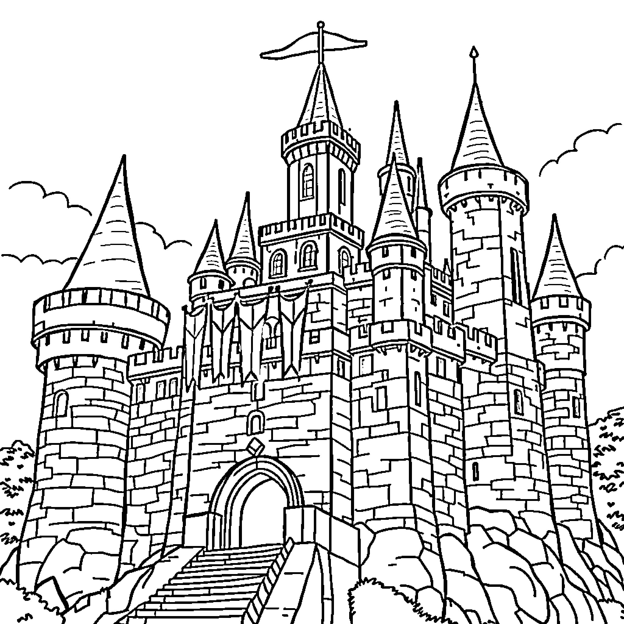 Castle with Magnificent Towers and Turrets Coloring Page (free black-and-white line drawing printable PDF for all, from beginners to advanced learners, including children, teens, adults, and seniors)