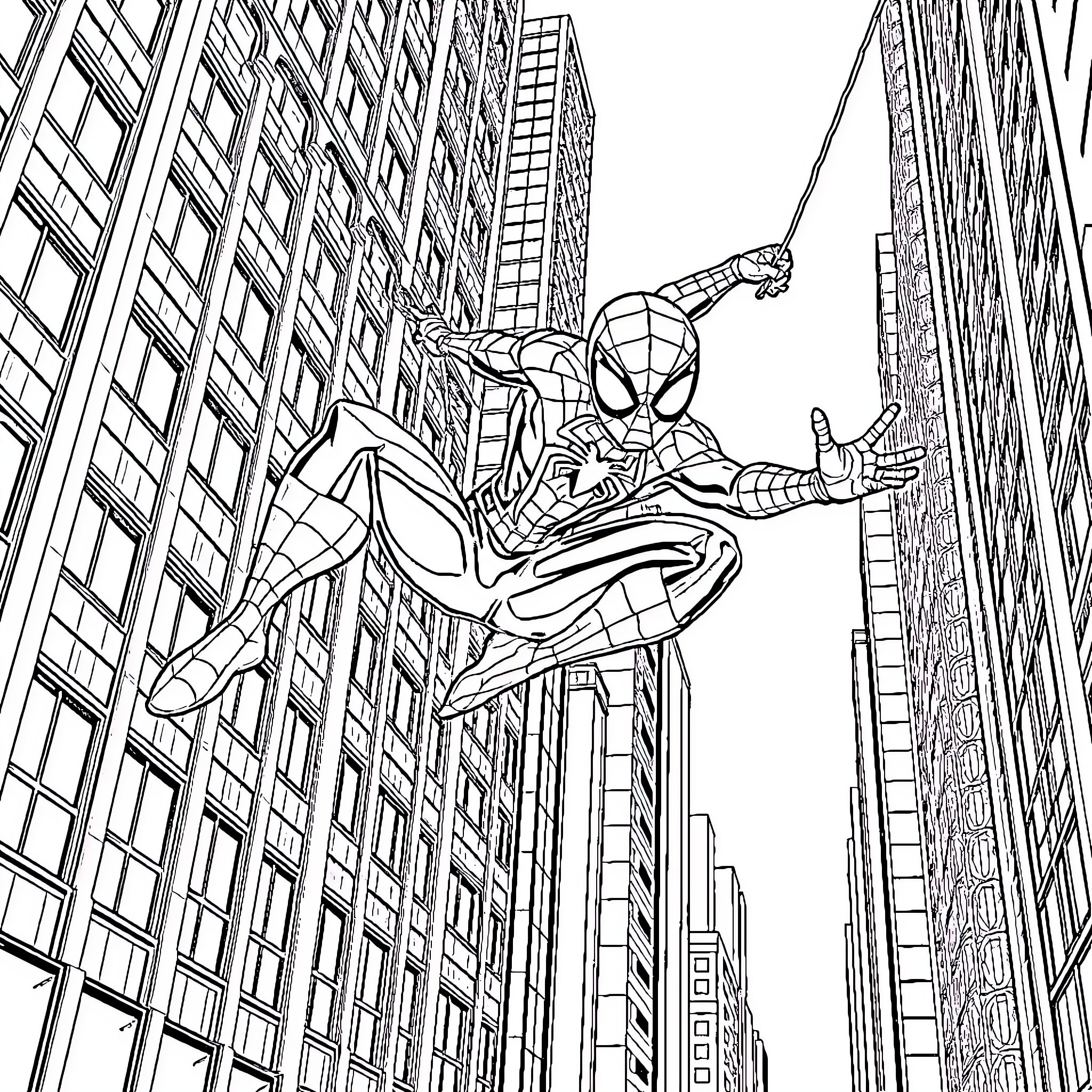 Spider-Man swinging through the city skyline Coloring Page (free black-and-white line drawing printable PDF for all, from beginners to advanced learners, including children, teens, adults, and seniors)